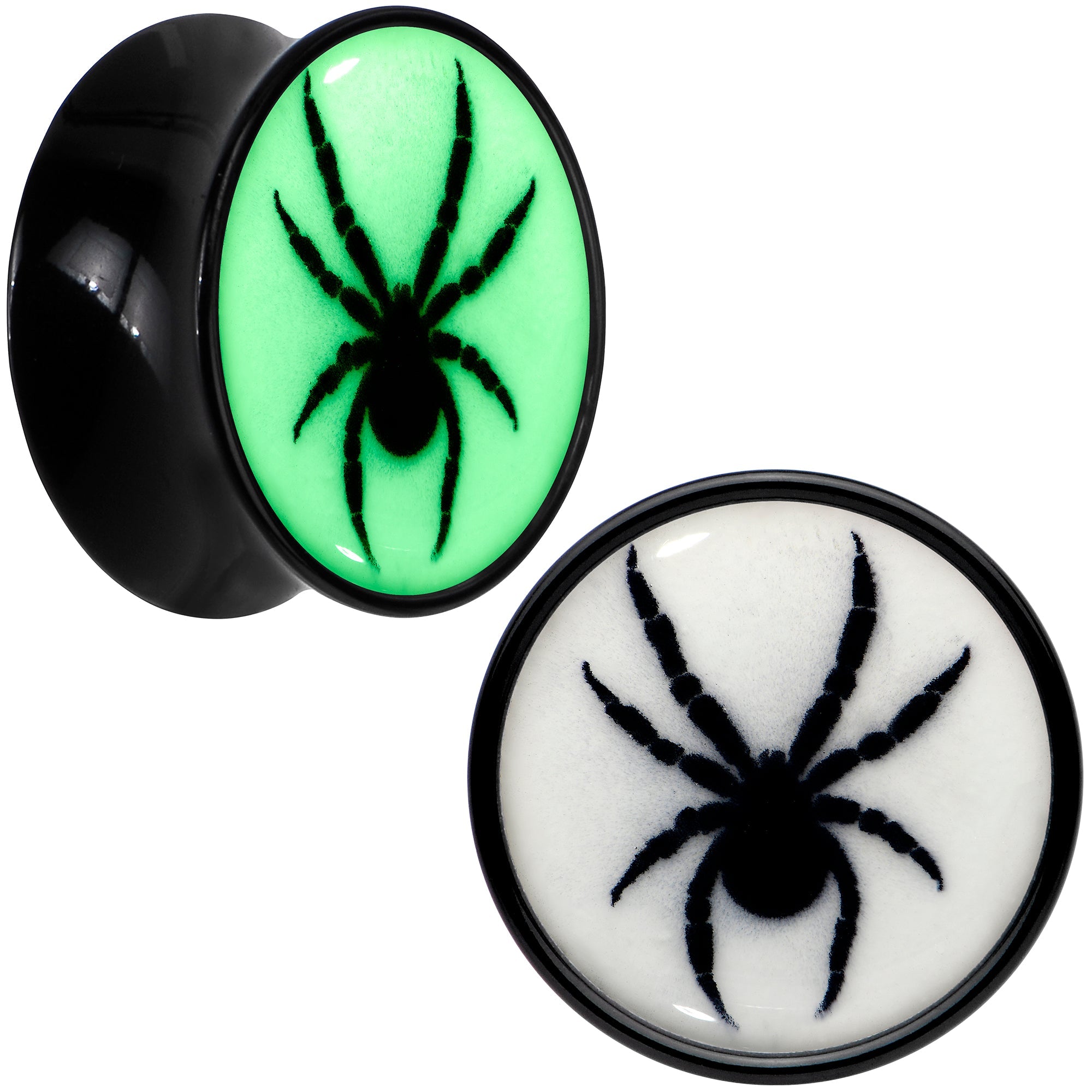 BodyCandy Black Acrylic Widow Spider Glow in the Dark Double Flare Plug Set by Onyx O — color detail