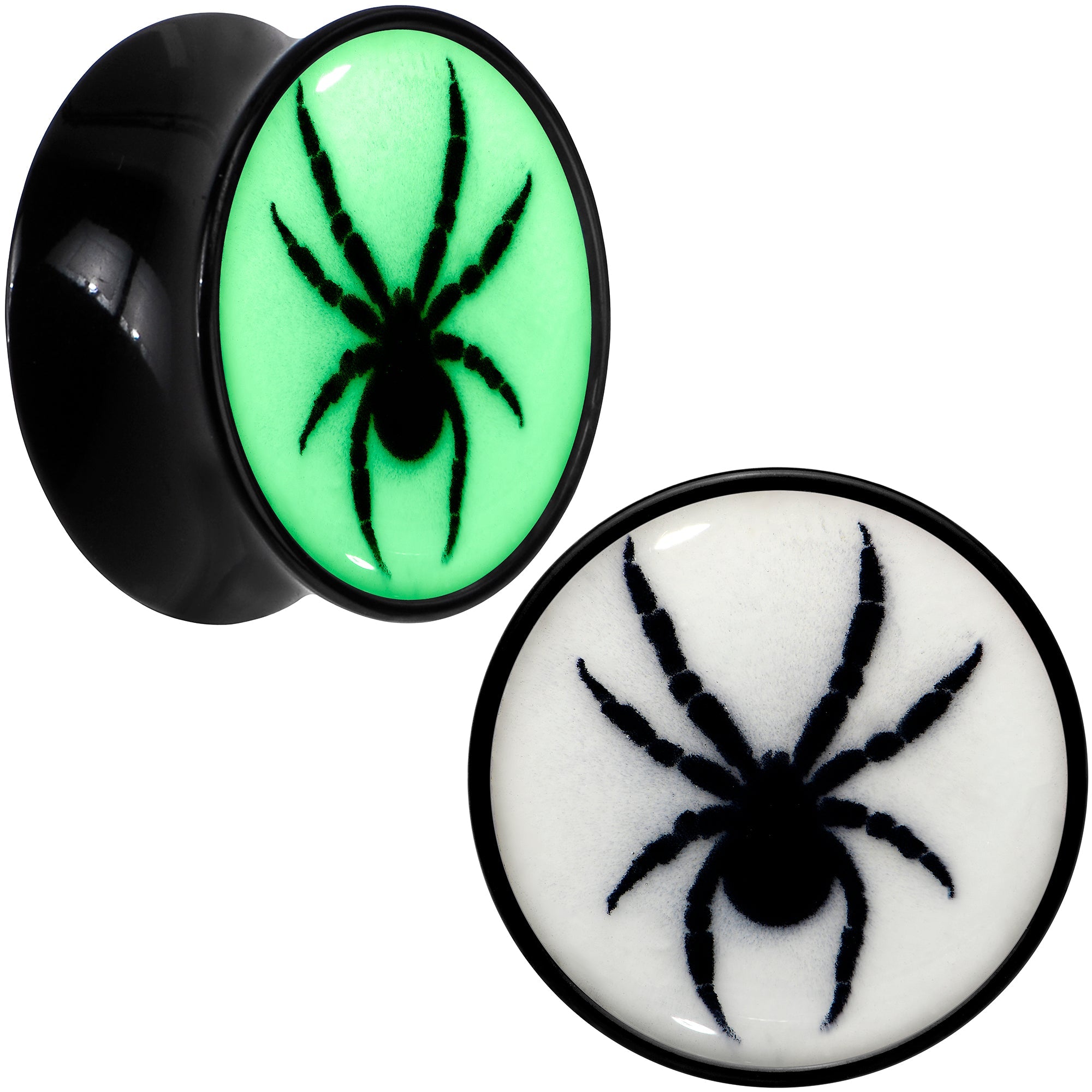 BodyCandy Black Acrylic Widow Spider Glow in the Dark Double Flare Plug Set by Onyx O — comparison shot