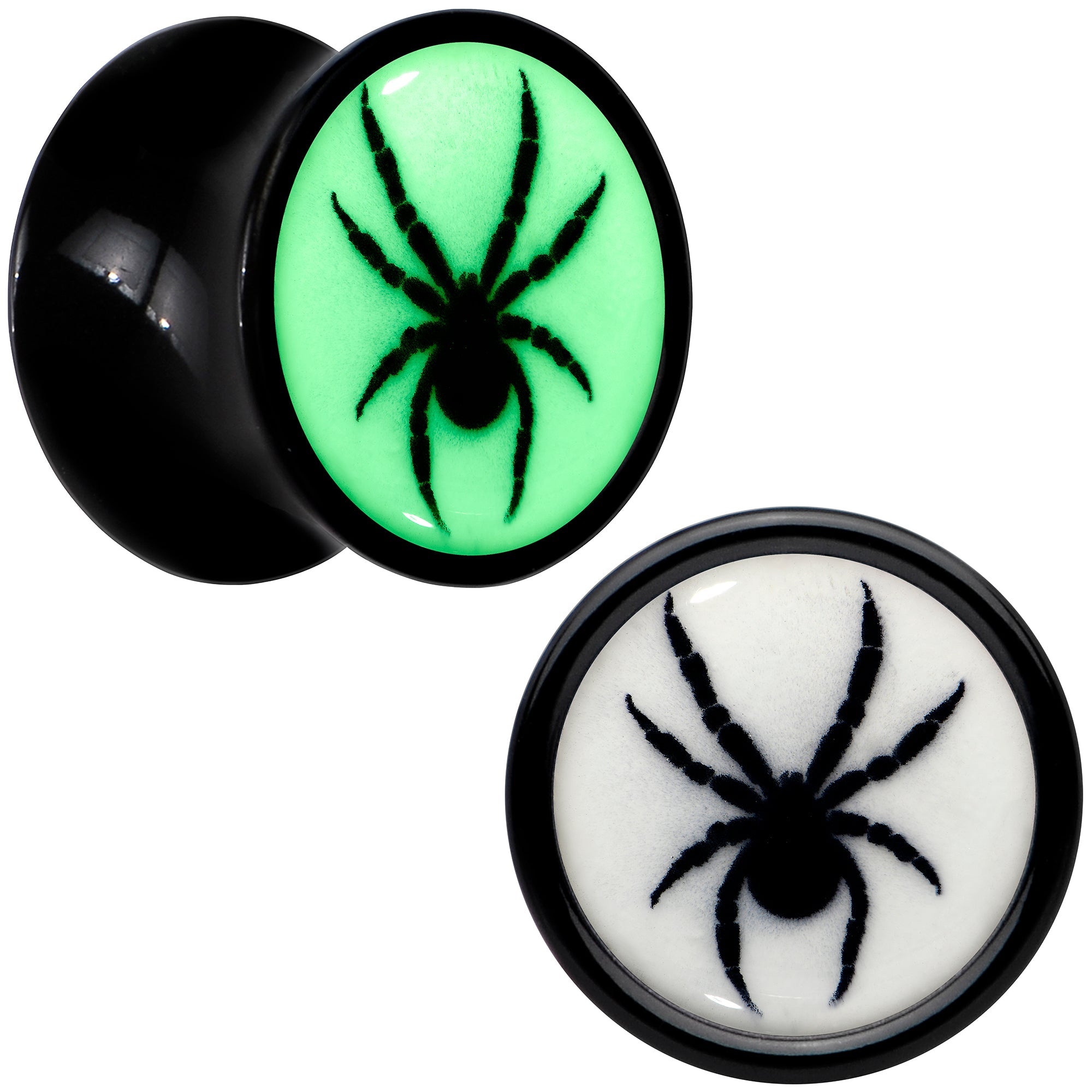 BodyCandy Black Acrylic Widow Spider Glow in the Dark Double Flare Plug Set by Onyx O — feature highlight