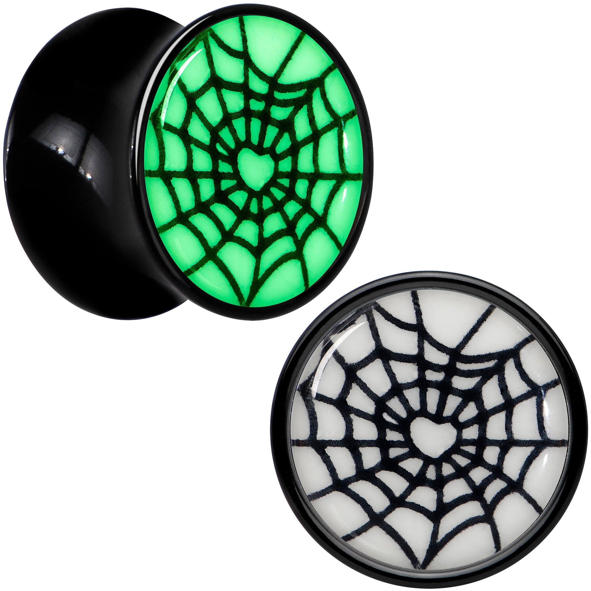 BodyCandy Black Acrylic Heart Spider Web Glow in the Dark Double Flare Plug Set by Onyx O — in-use photo