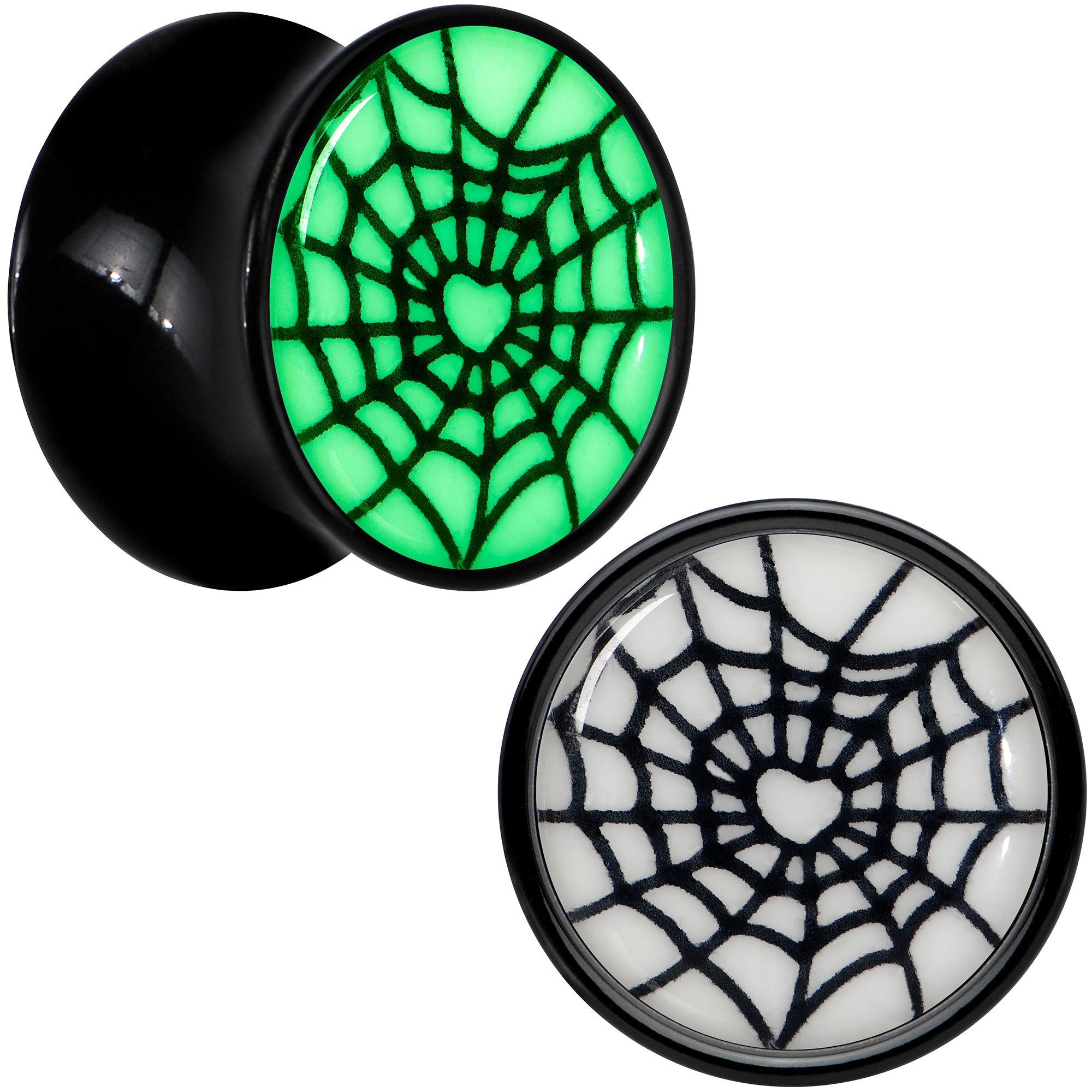BodyCandy Black Acrylic Heart Spider Web Glow in the Dark Double Flare Plug Set by Onyx O — size reference