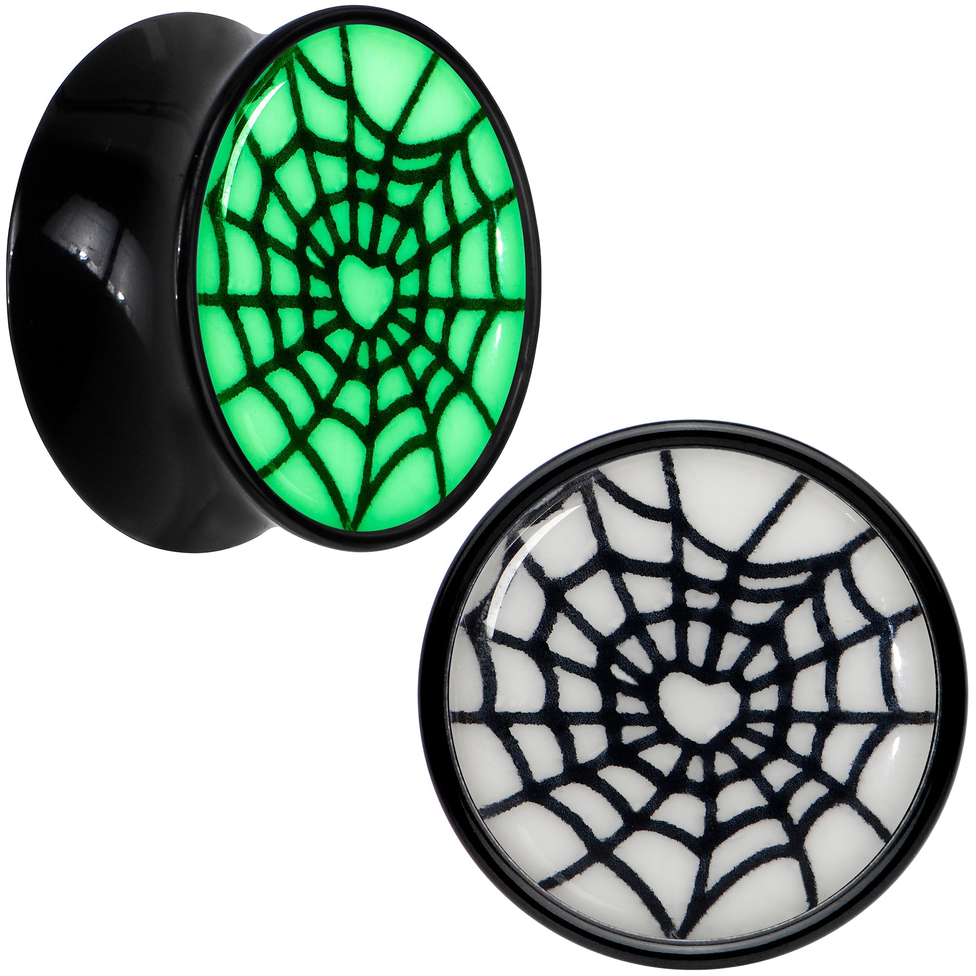 BodyCandy Black Acrylic Heart Spider Web Glow in the Dark Double Flare Plug Set by Onyx O — color detail