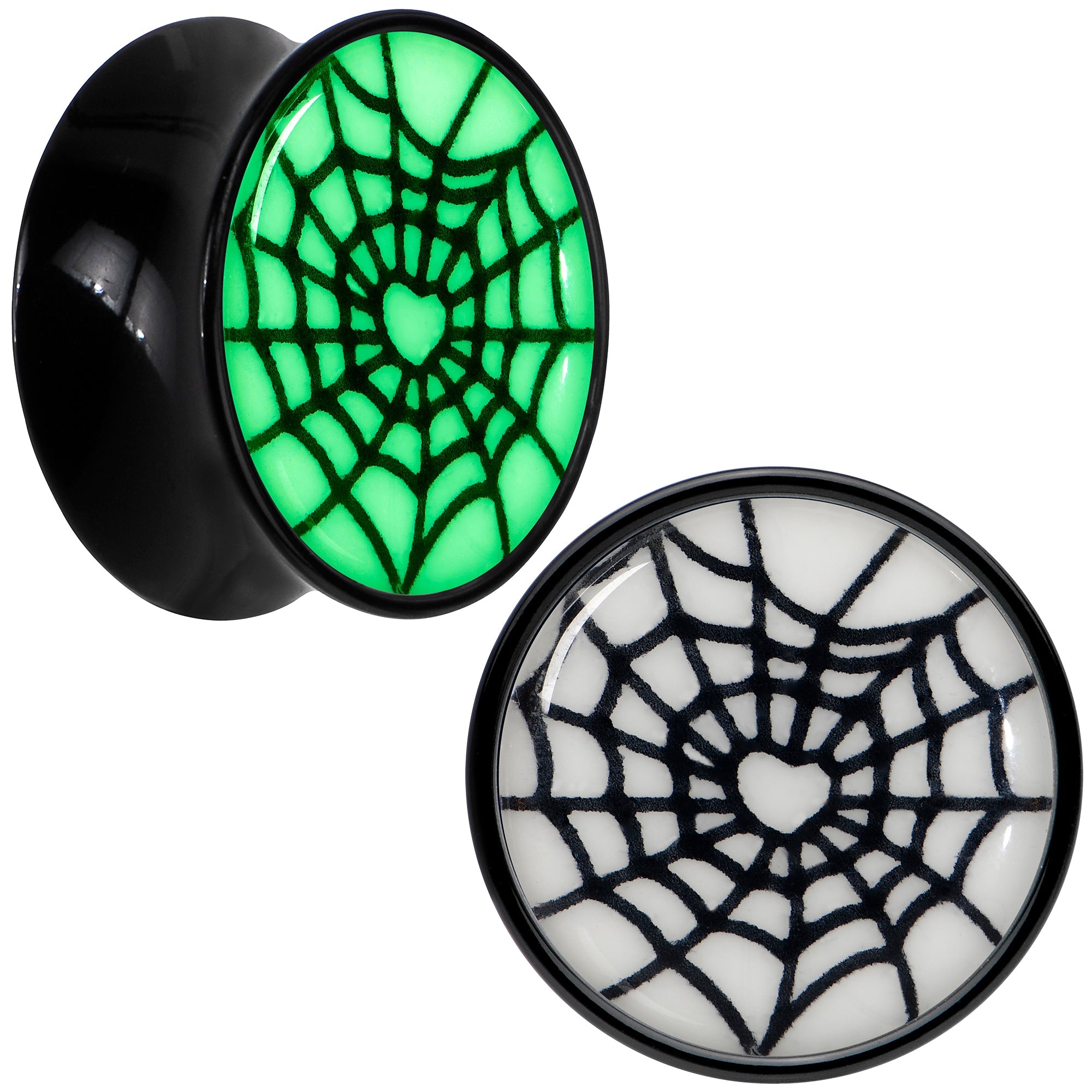 BodyCandy Black Acrylic Heart Spider Web Glow in the Dark Double Flare Plug Set by Onyx O — packaging