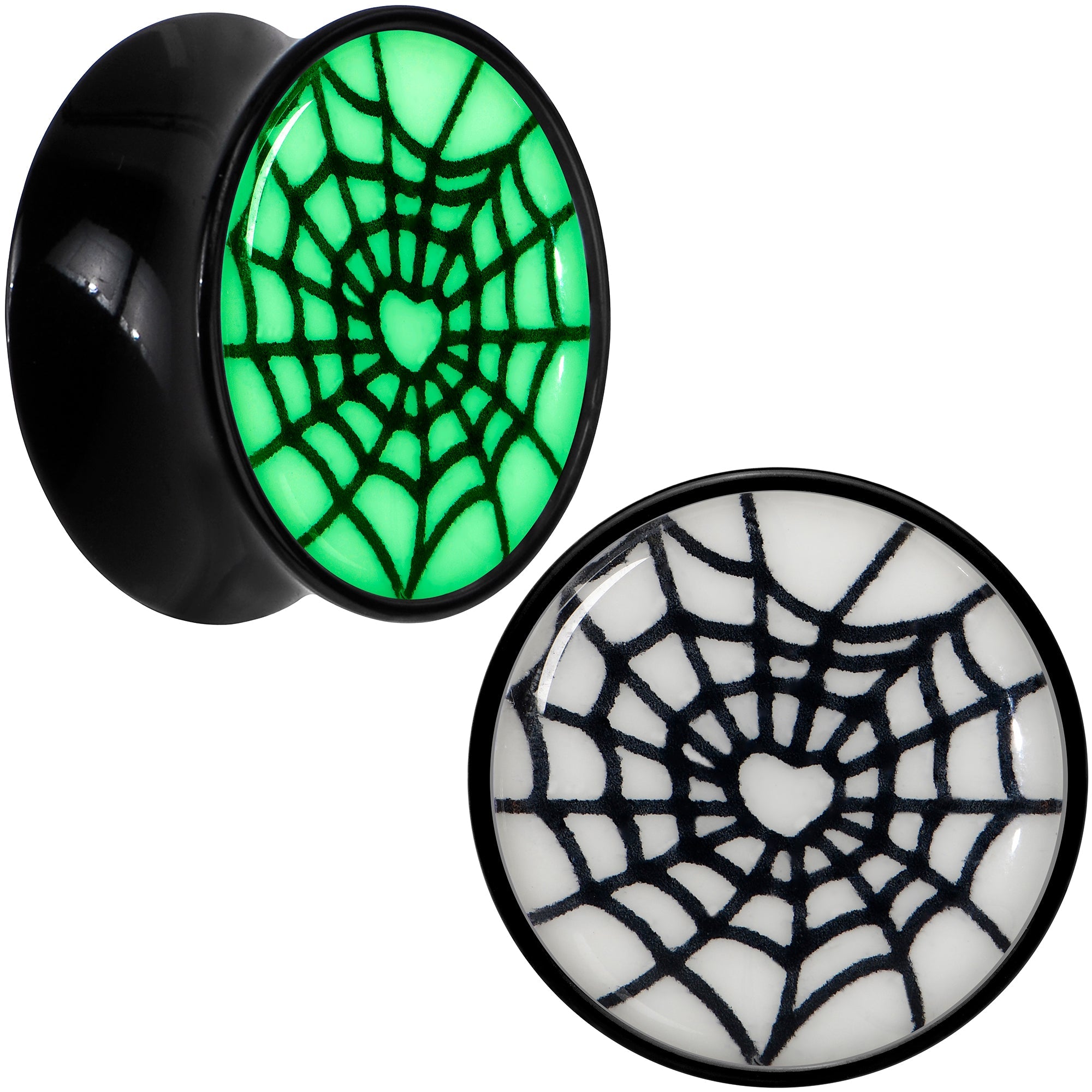 BodyCandy Black Acrylic Heart Spider Web Glow in the Dark Double Flare Plug Set by Onyx O — comparison shot