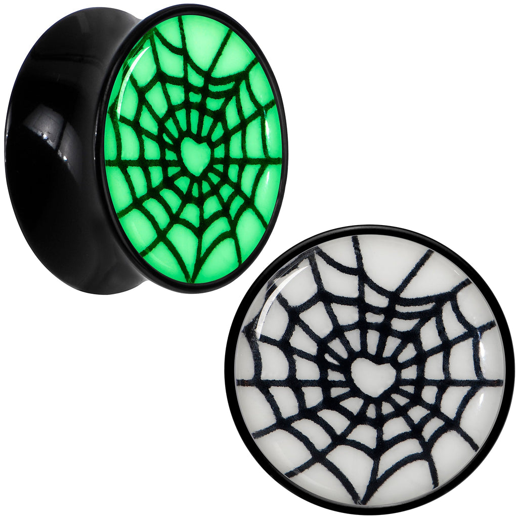 BodyCandy Black Acrylic Heart Spider Web Glow in the Dark Double Flare Plug Set by Onyx O — fabric or material detail