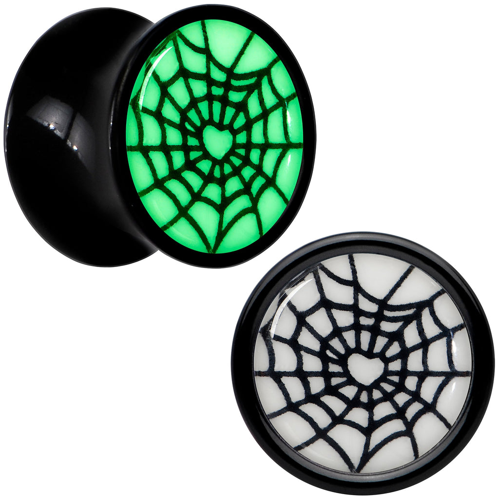 BodyCandy Black Acrylic Heart Spider Web Glow in the Dark Double Flare Plug Set by Onyx O — feature highlight