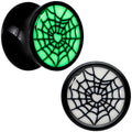 BodyCandy Black Acrylic Heart Spider Web Glow in the Dark Double Flare Plug Set by Onyx O — feature highlight