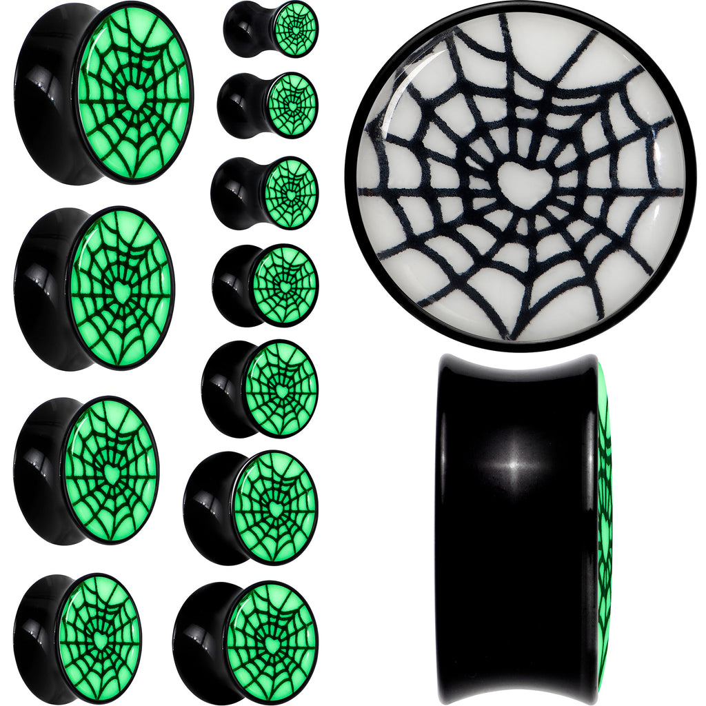 BodyCandy Black Acrylic Heart Spider Web Glow in the Dark Double Flare Plug Set by Onyx O — main product shot