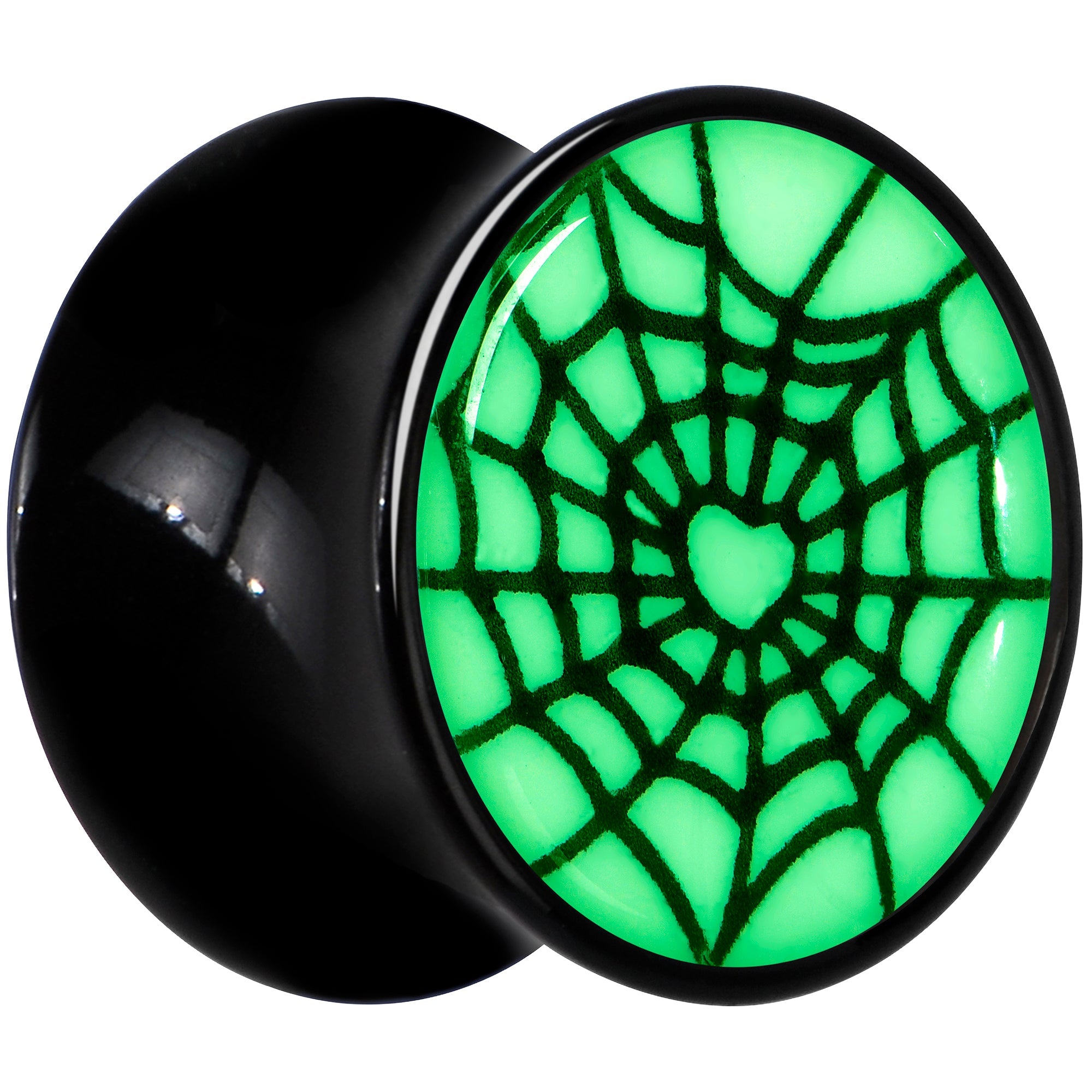 BodyCandy Black Acrylic Heart Spider Web Glow in the Dark Double Flare Plug Set by Onyx O — lifestyle context