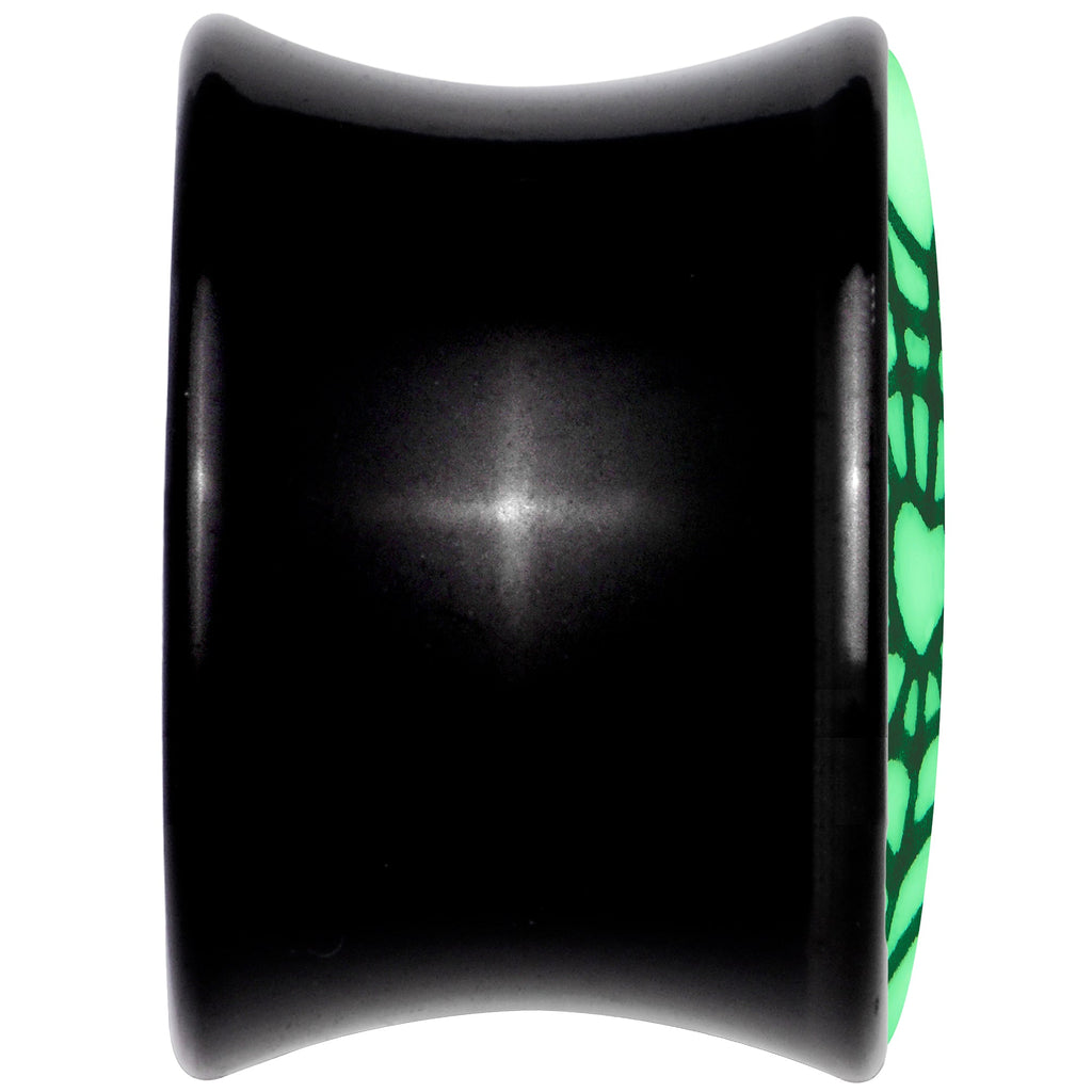 BodyCandy Black Acrylic Heart Spider Web Glow in the Dark Double Flare Plug Set by Onyx O — back view