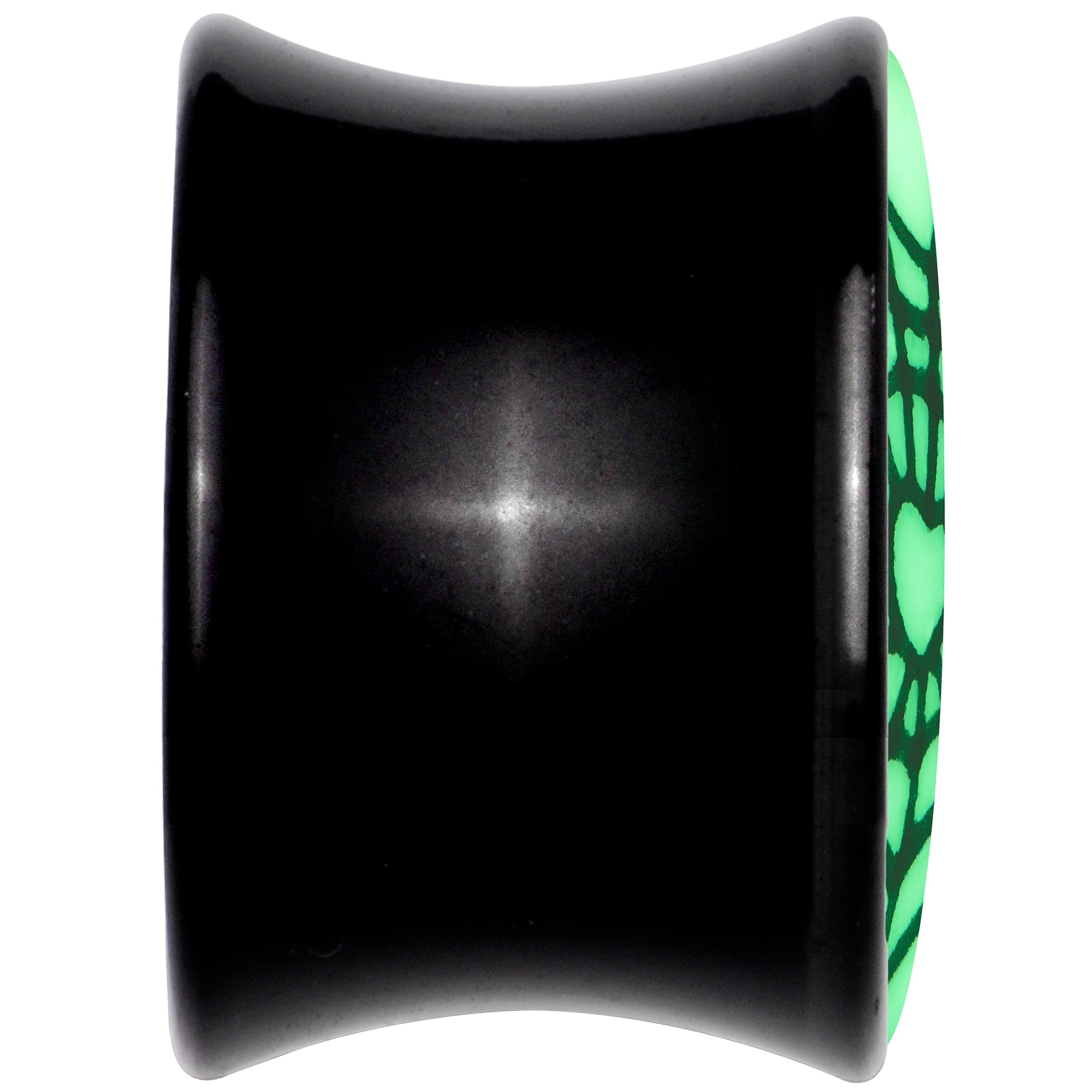 BodyCandy Black Acrylic Heart Spider Web Glow in the Dark Double Flare Plug Set by Onyx O — back view