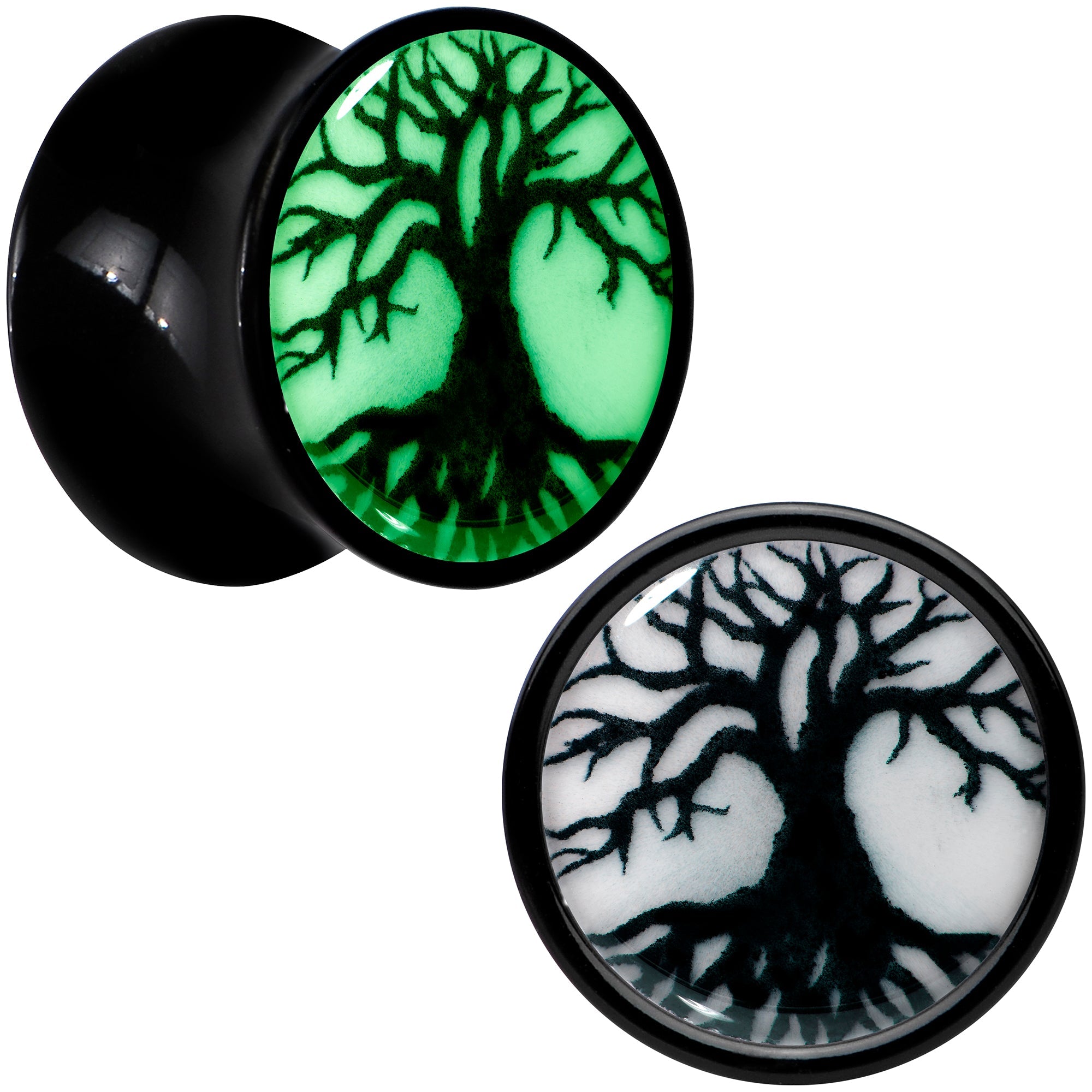 BodyCandy Black Acrylic Tree Of Life Glow in the Dark Double Flare Plug Set by Onyx O — alternative angle
