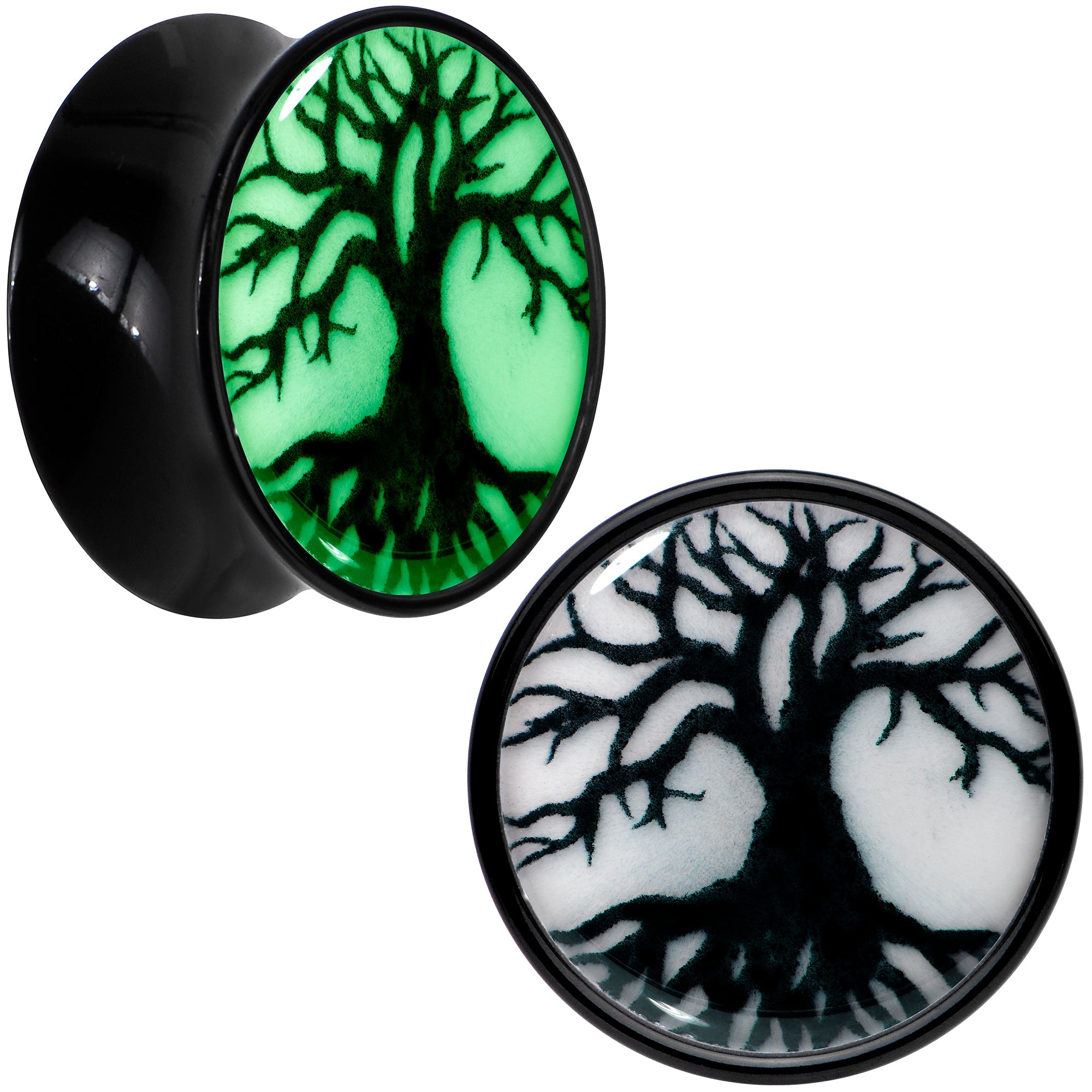 BodyCandy Black Acrylic Tree Of Life Glow in the Dark Double Flare Plug Set by Onyx O — color detail