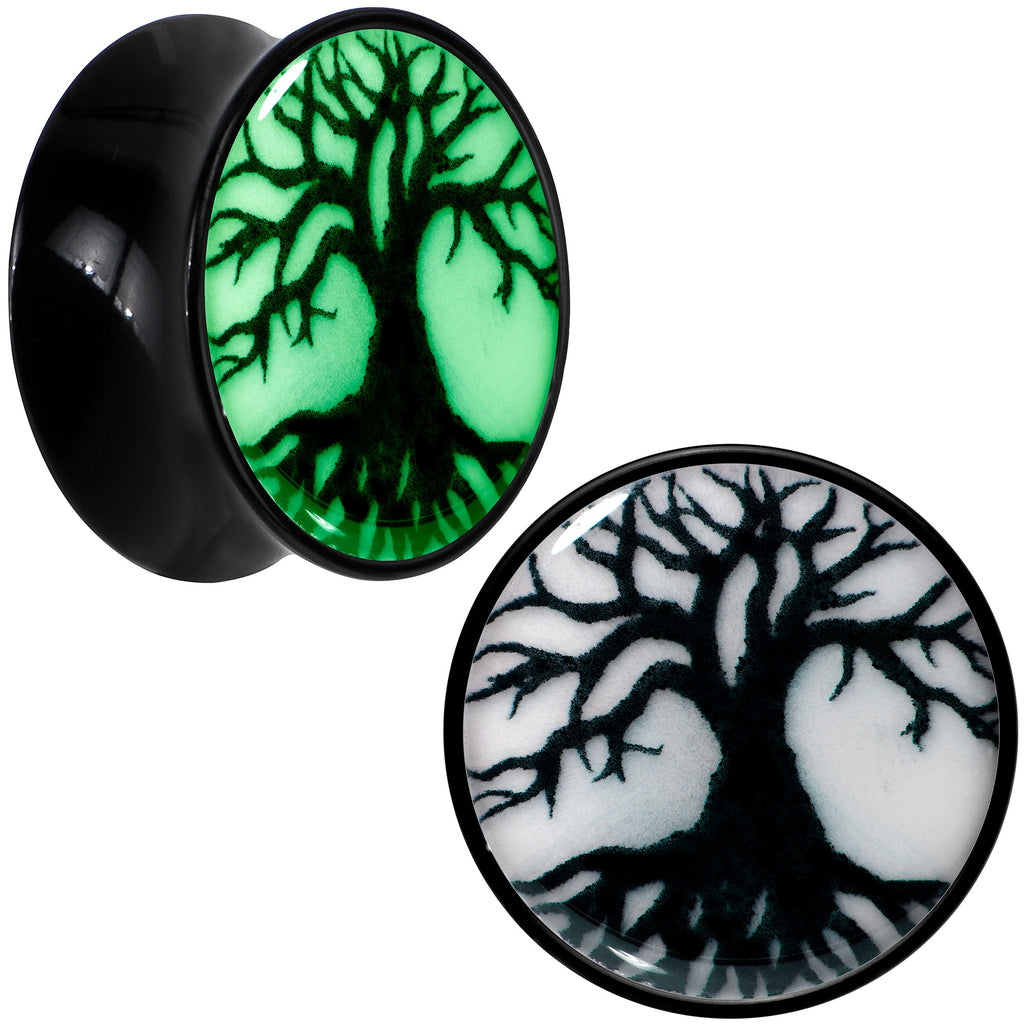 BodyCandy Black Acrylic Tree Of Life Glow in the Dark Double Flare Plug Set by Onyx O — fabric or material detail