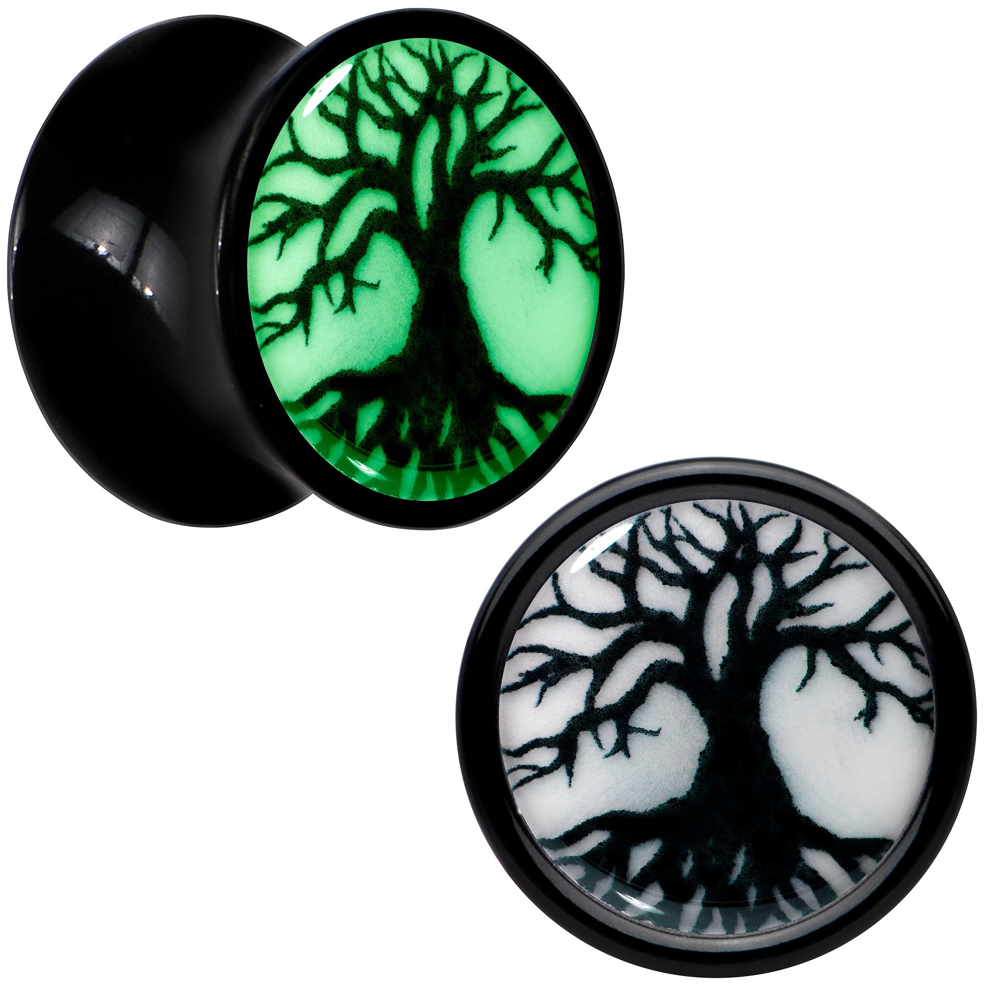 BodyCandy Black Acrylic Tree Of Life Glow in the Dark Double Flare Plug Set by Onyx O — product on model