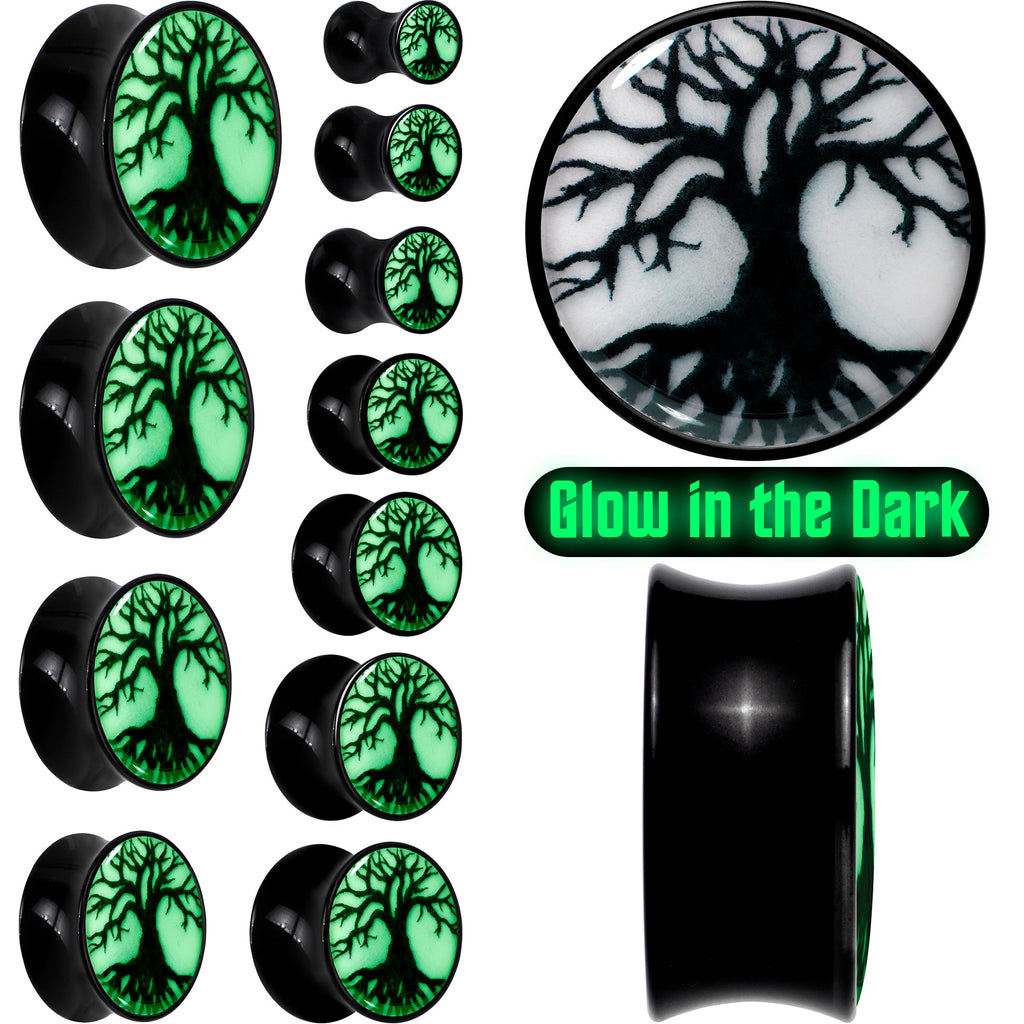 BodyCandy Black Acrylic Tree Of Life Glow in the Dark Double Flare Plug Set by Onyx O — main product shot