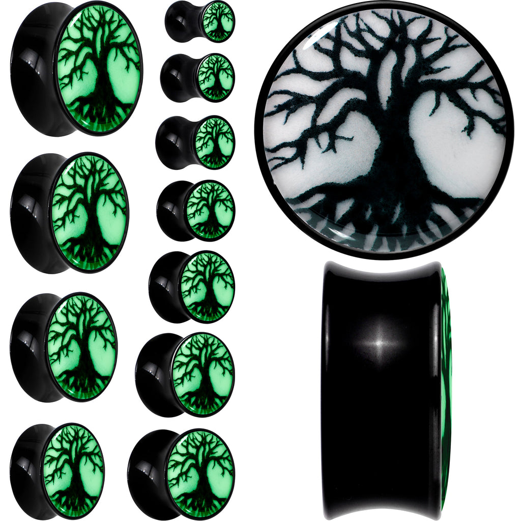 BodyCandy Black Acrylic Tree Of Life Glow in the Dark Double Flare Plug Set by Onyx O — feature highlight