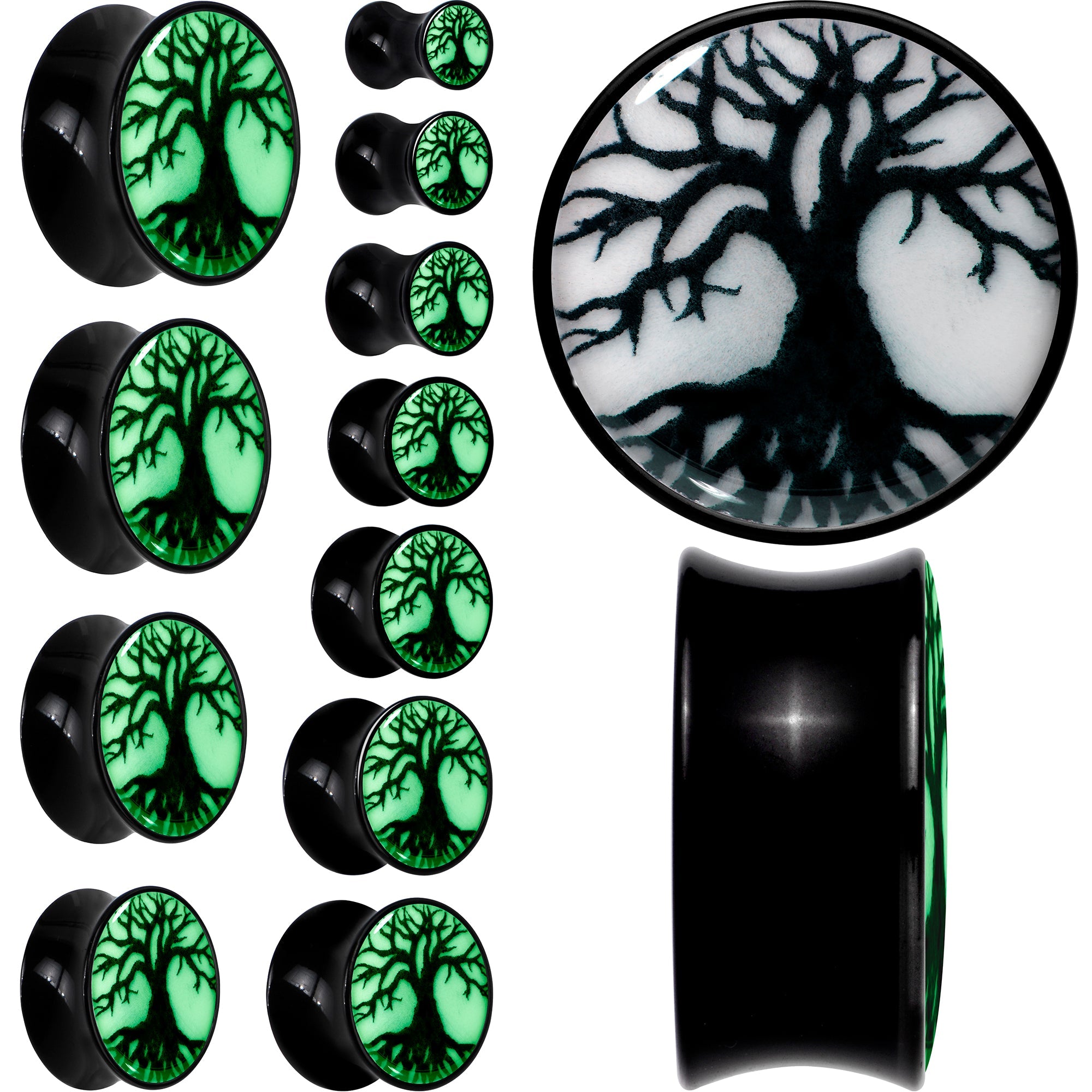 BodyCandy Black Acrylic Tree Of Life Glow in the Dark Double Flare Plug Set by Onyx O — feature highlight
