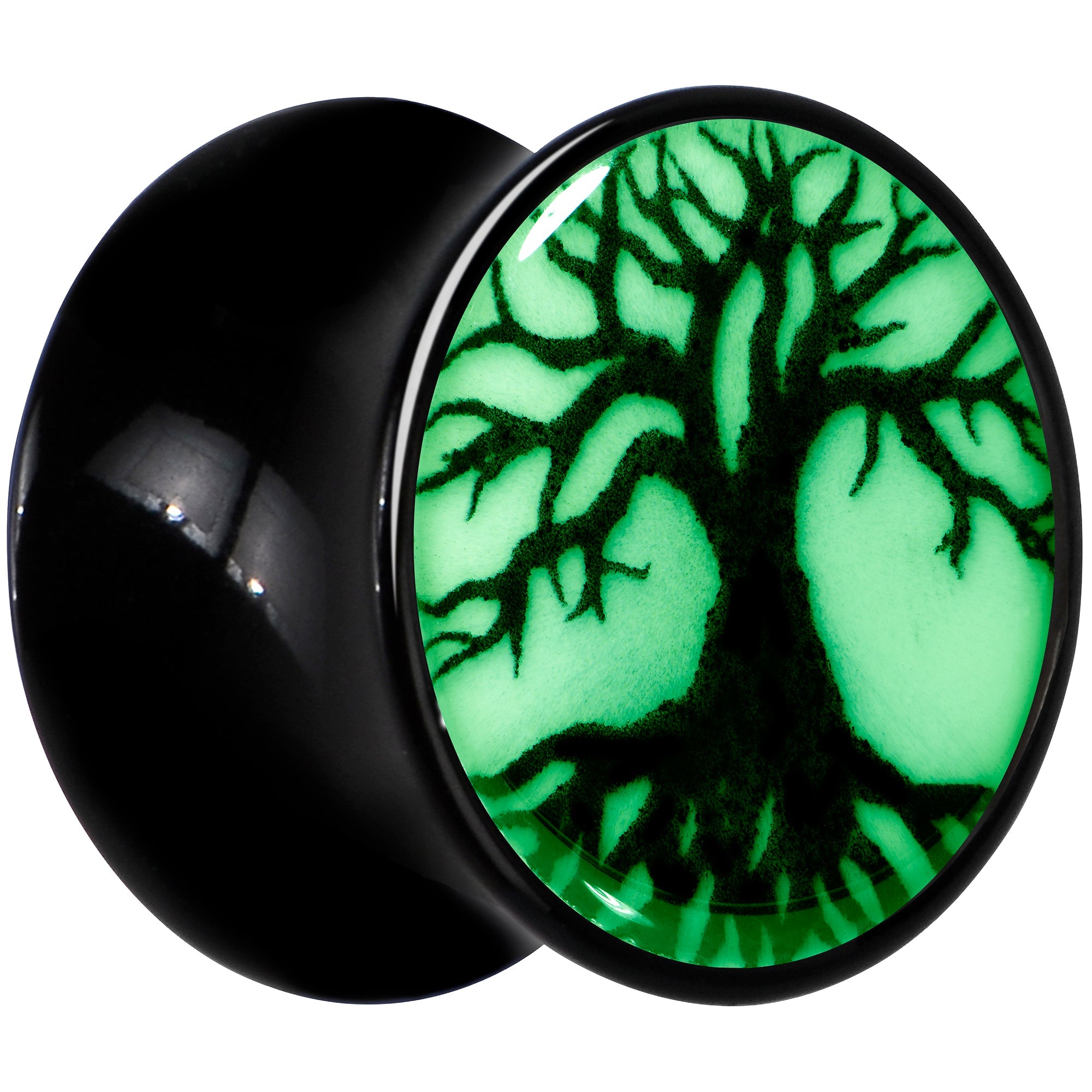 BodyCandy Black Acrylic Tree Of Life Glow in the Dark Double Flare Plug Set by Onyx O — lifestyle context