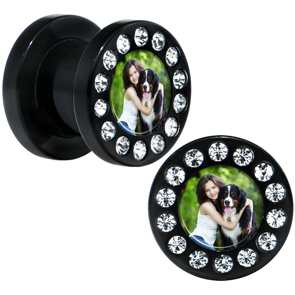 BodyCandy Black Acrylic Custom Photo Gem Screw Fit Plug - buy 2 for a pair — detail close-up