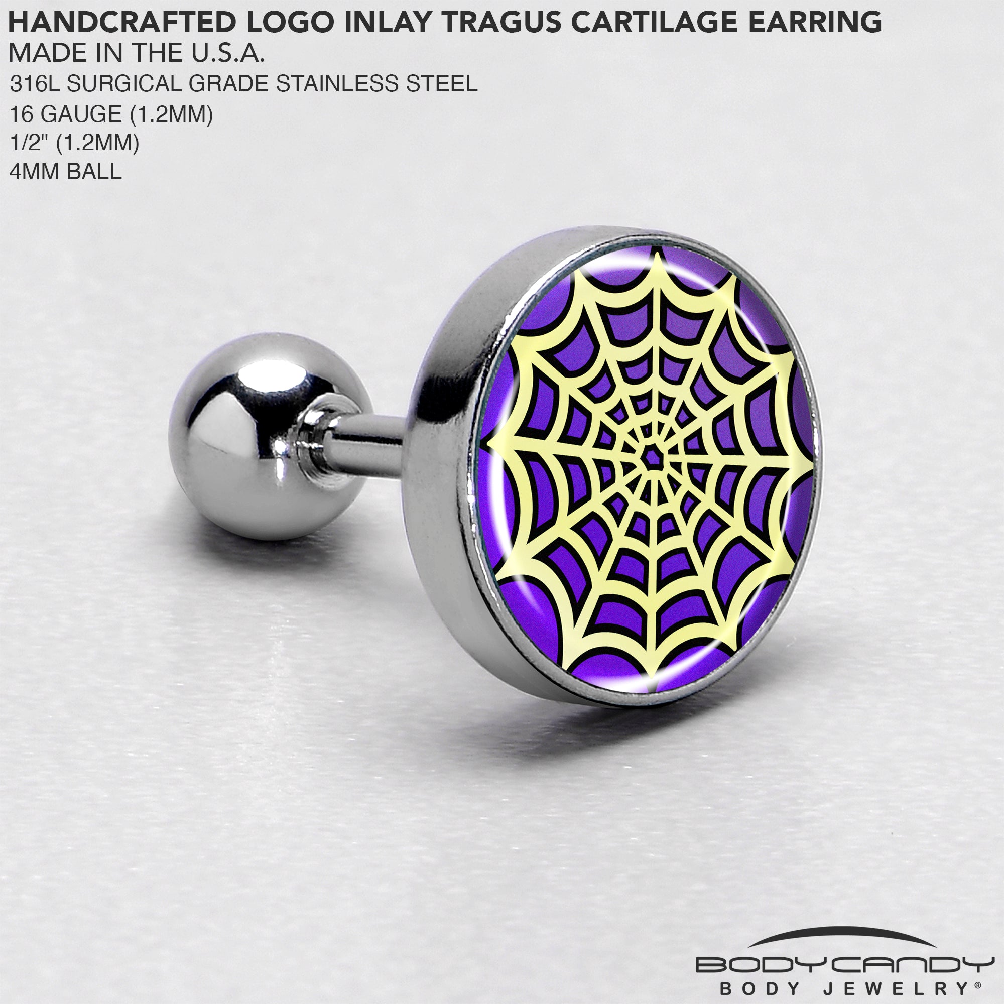 BodyCandy 16G 1/4 Two Tone Spider Web Tragus Cartilage Earring by Onyx O — side view