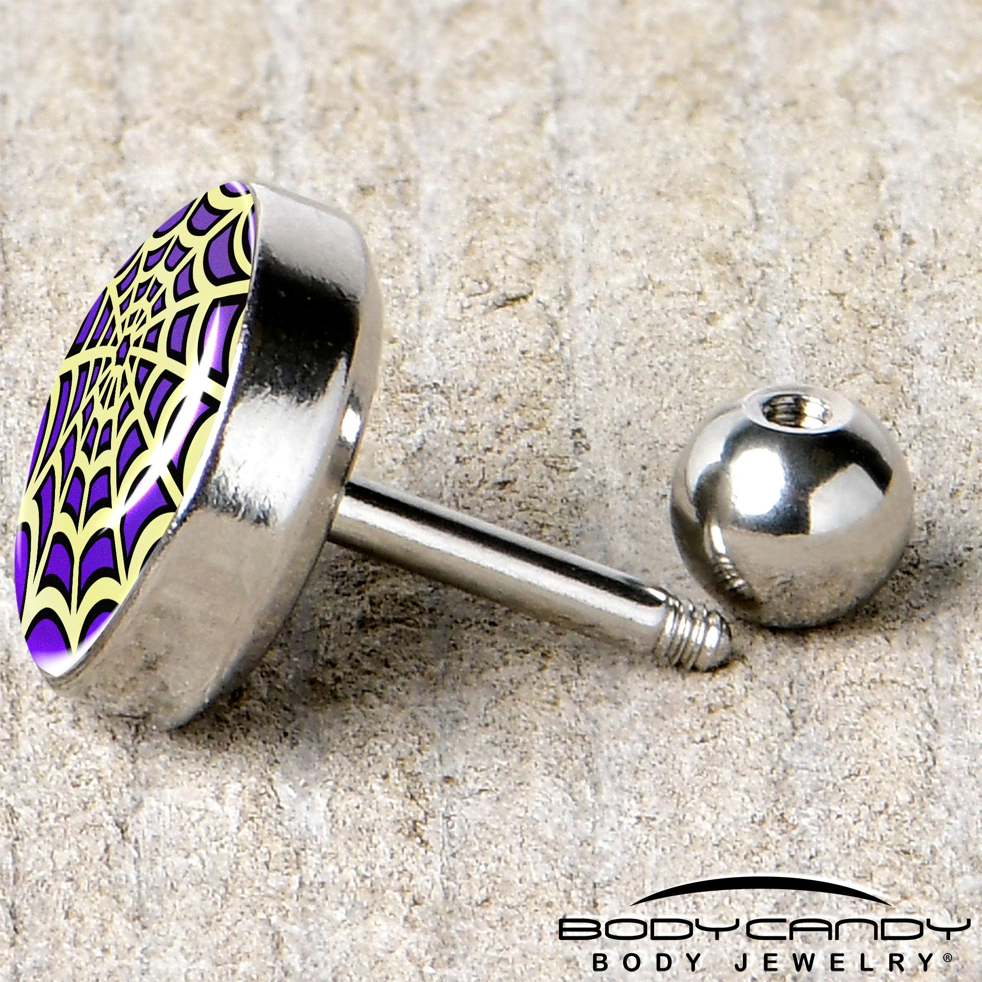 BodyCandy 16G 1/4 Two Tone Spider Web Tragus Cartilage Earring by Onyx O — back view