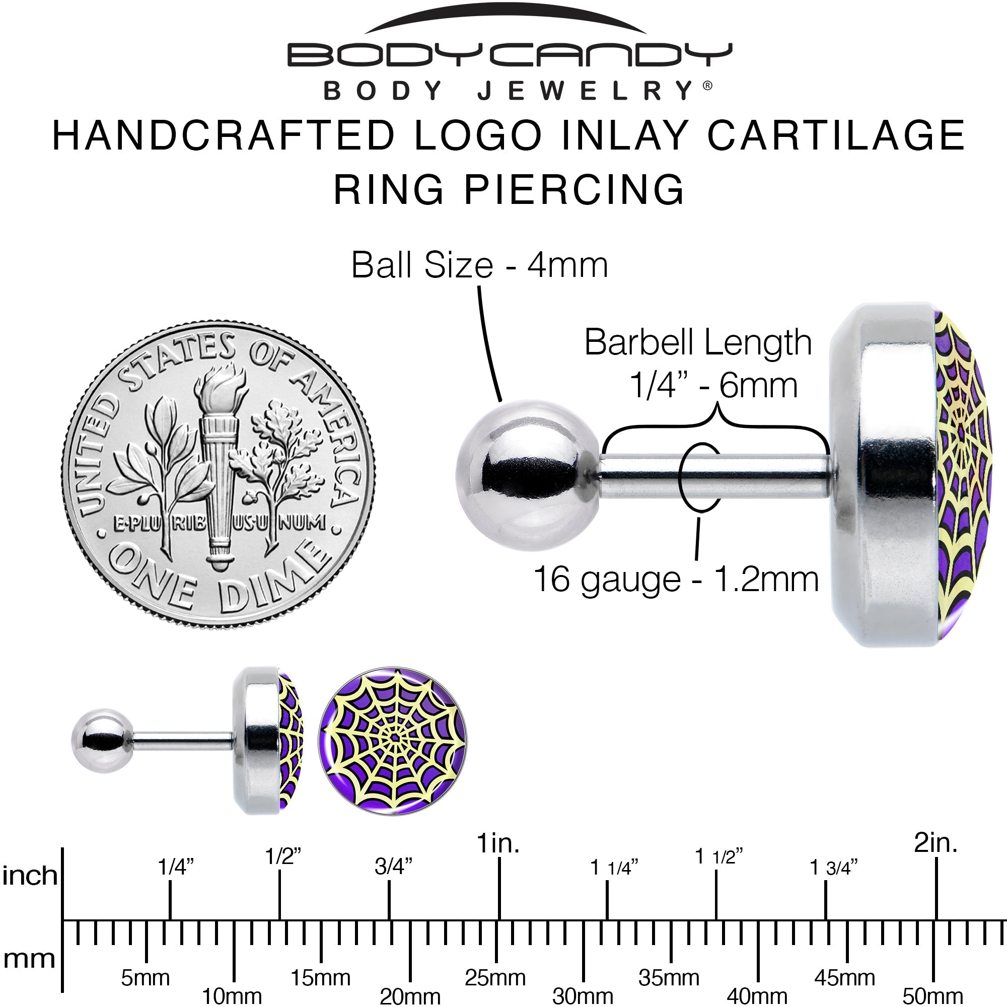 BodyCandy 16G 1/4 Two Tone Spider Web Tragus Cartilage Earring by Onyx O — alternative angle