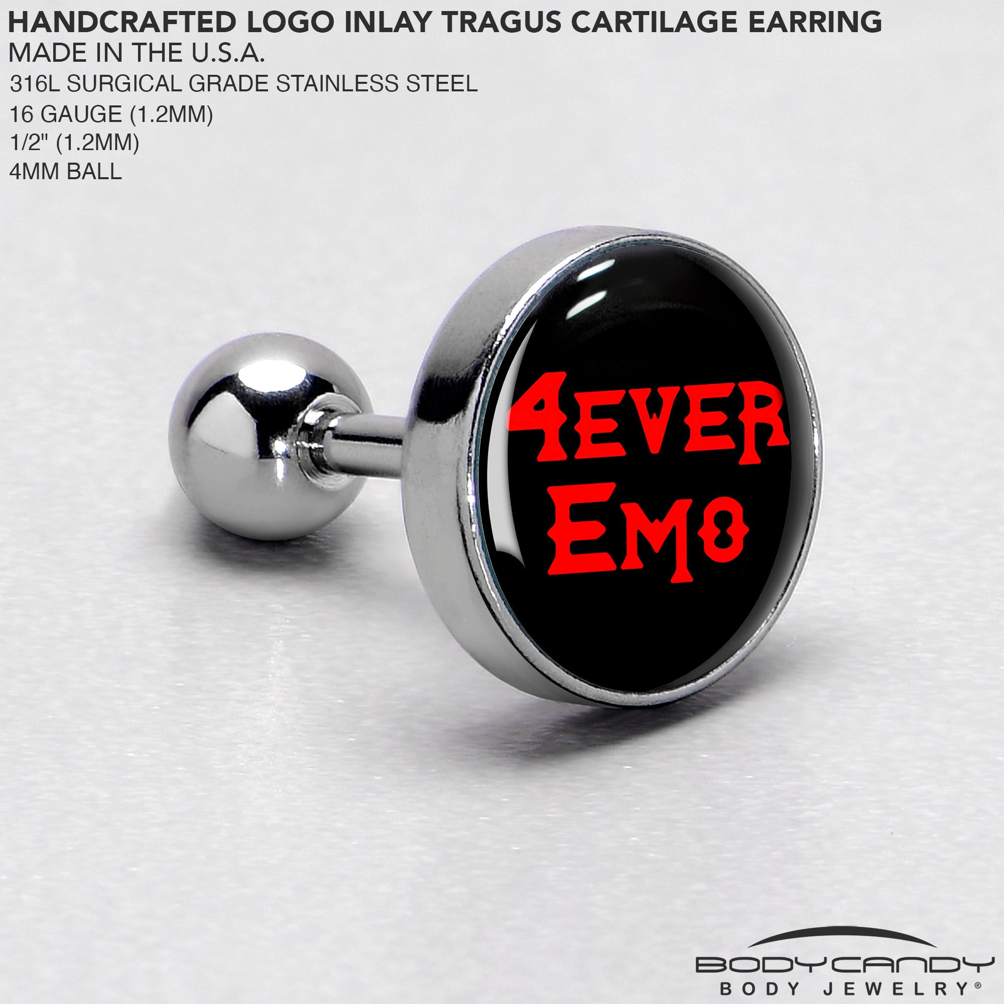 BodyCandy 16G 1/4 Black Red 4 Ever Emo Tragus Cartilage Earring by Onyx O — side view