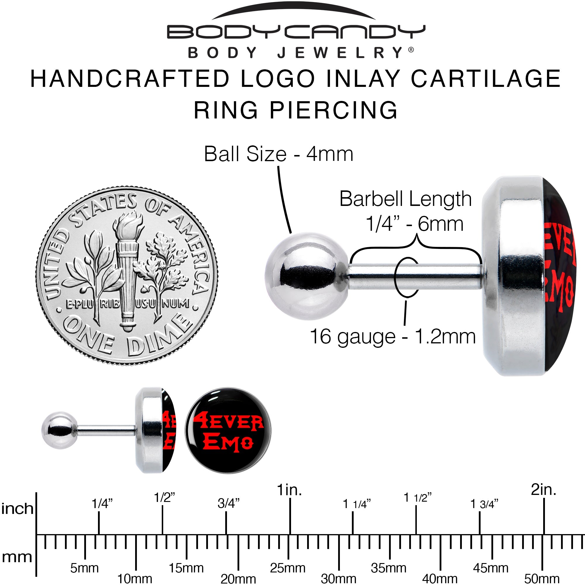 BodyCandy 16G 1/4 Black Red 4 Ever Emo Tragus Cartilage Earring by Onyx O — alternative angle