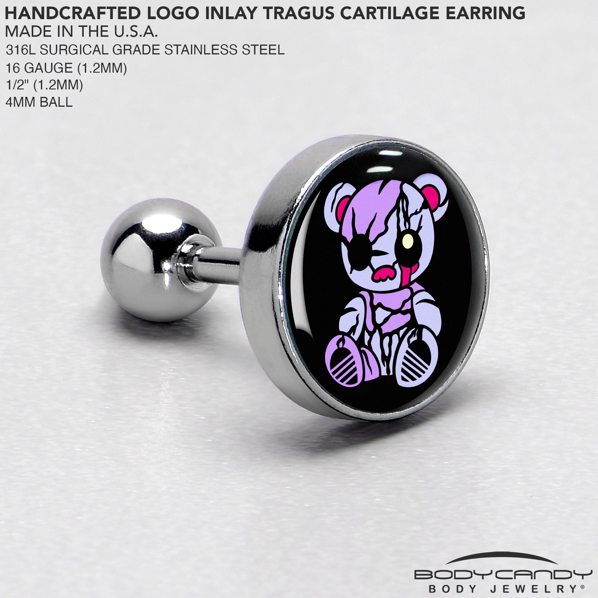 BodyCandy 16G 1/4 Attitude Teddy Bear Tragus Cartilage Earring by Onyx O — side view