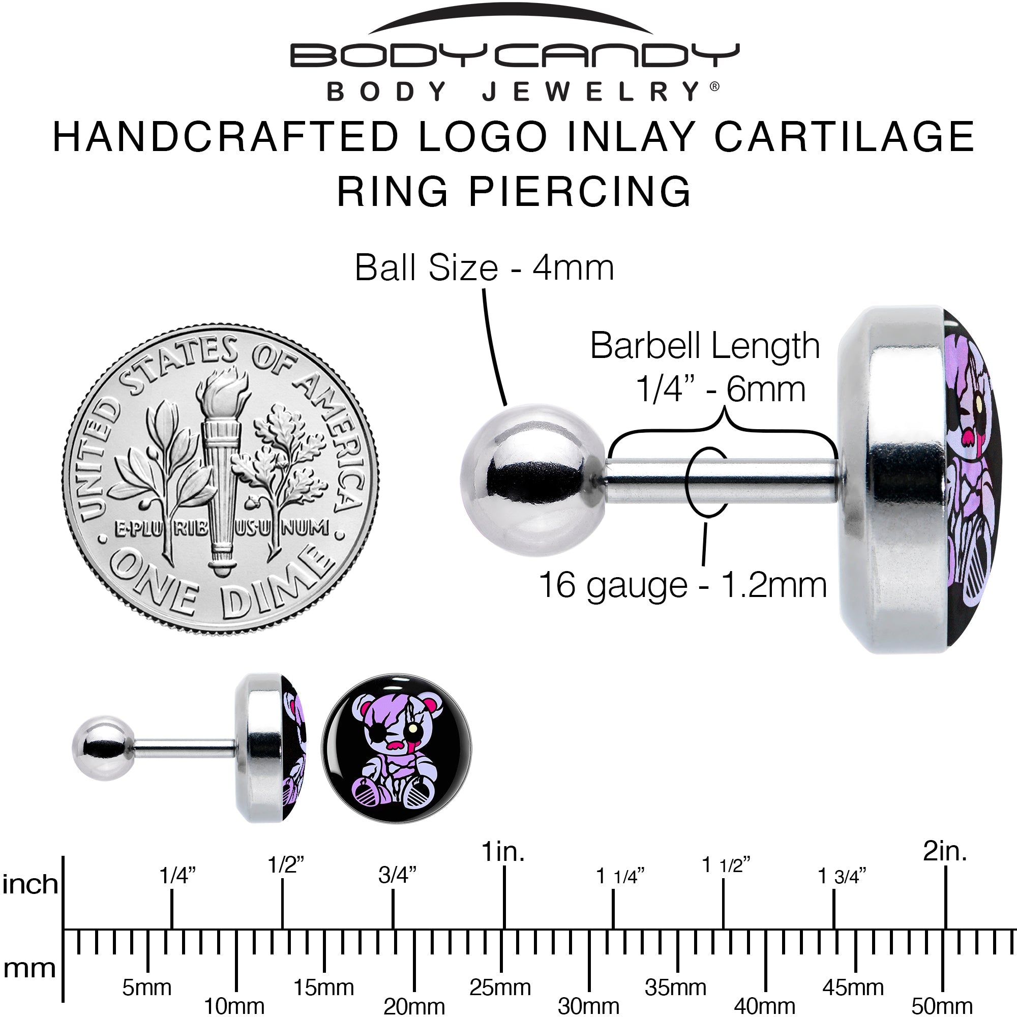 BodyCandy 16G 1/4 Attitude Teddy Bear Tragus Cartilage Earring by Onyx O — alternative angle