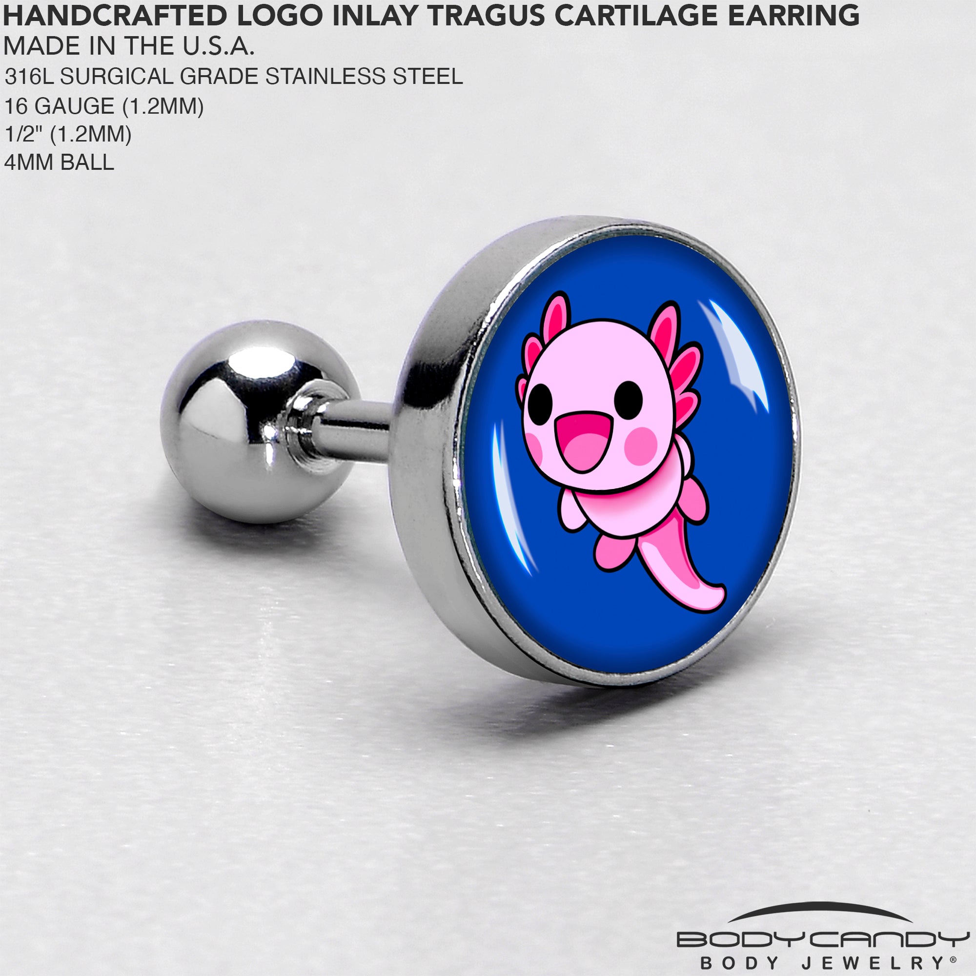 BodyCandy 16G 1/4 Adorable Axolotl Cartilage Tragus Earring by Onyx O — side view