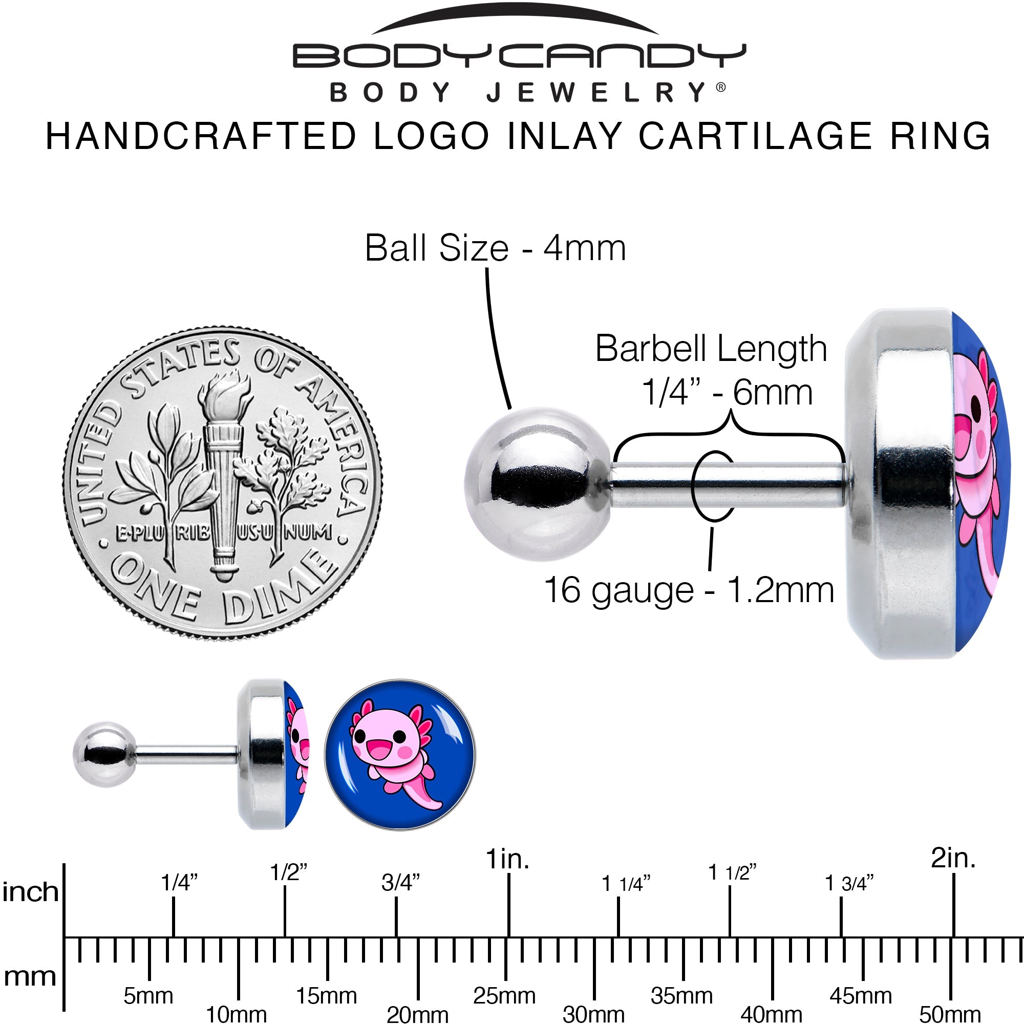 BodyCandy 16G 1/4 Adorable Axolotl Cartilage Tragus Earring by Onyx O — alternative angle