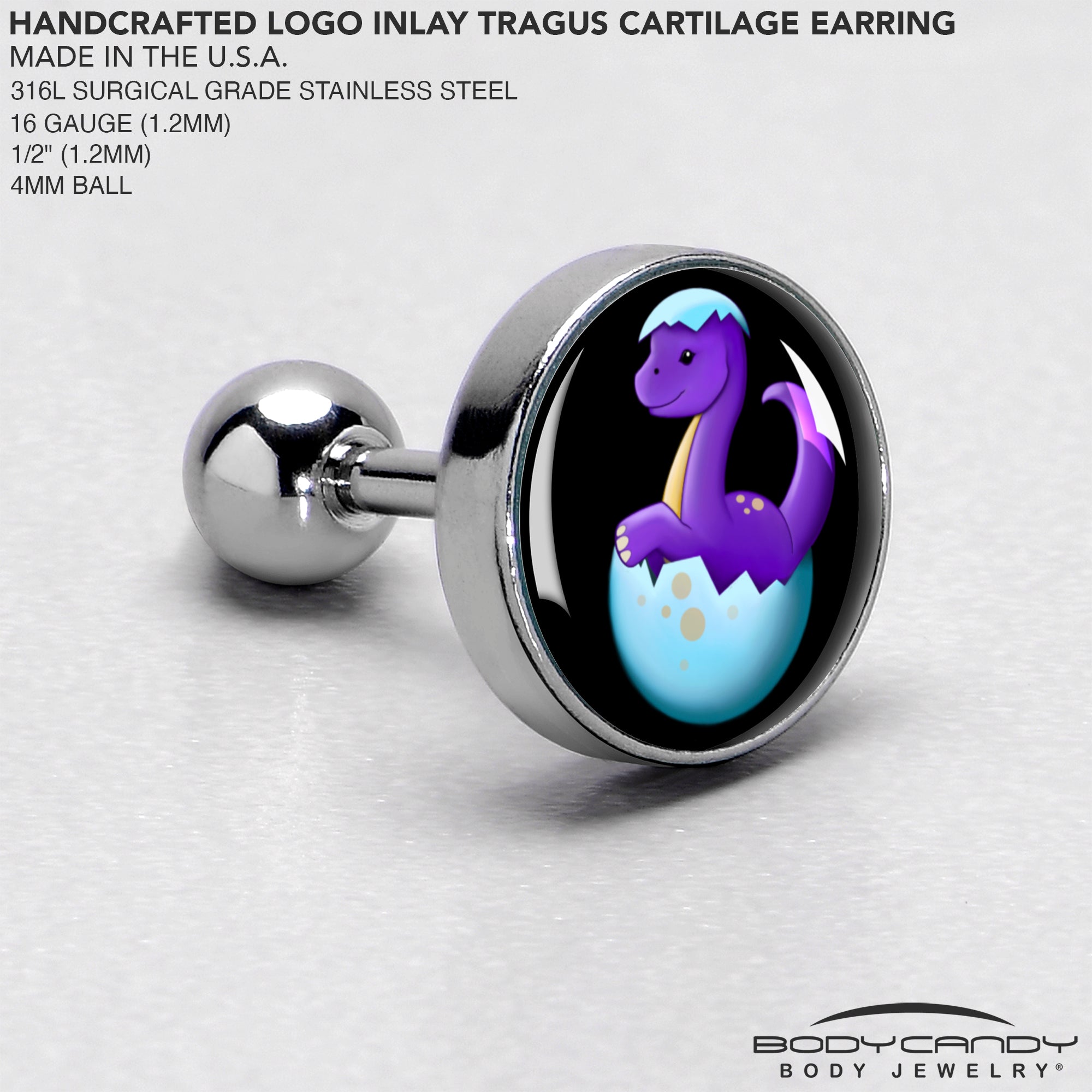 BodyCandy 16G 1/4 Baby Dinosaur Cartilage Tragus Earring by Onyx O — side view