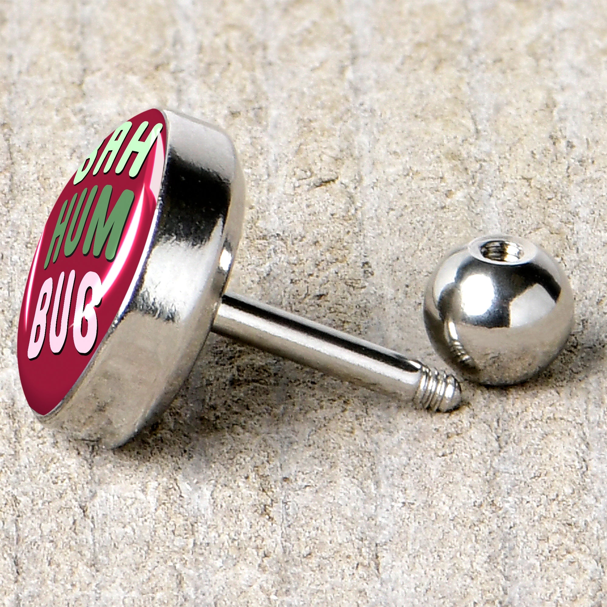BodyCandy 16G 1/4 Bah Humbug Holiday Grouch Tragus Cartilage Earring by Onyx O — back view