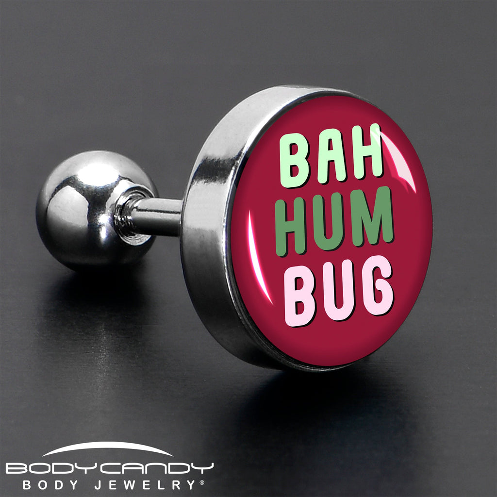 BodyCandy 16G 1/4 Bah Humbug Holiday Grouch Tragus Cartilage Earring by Onyx O — in-use photo