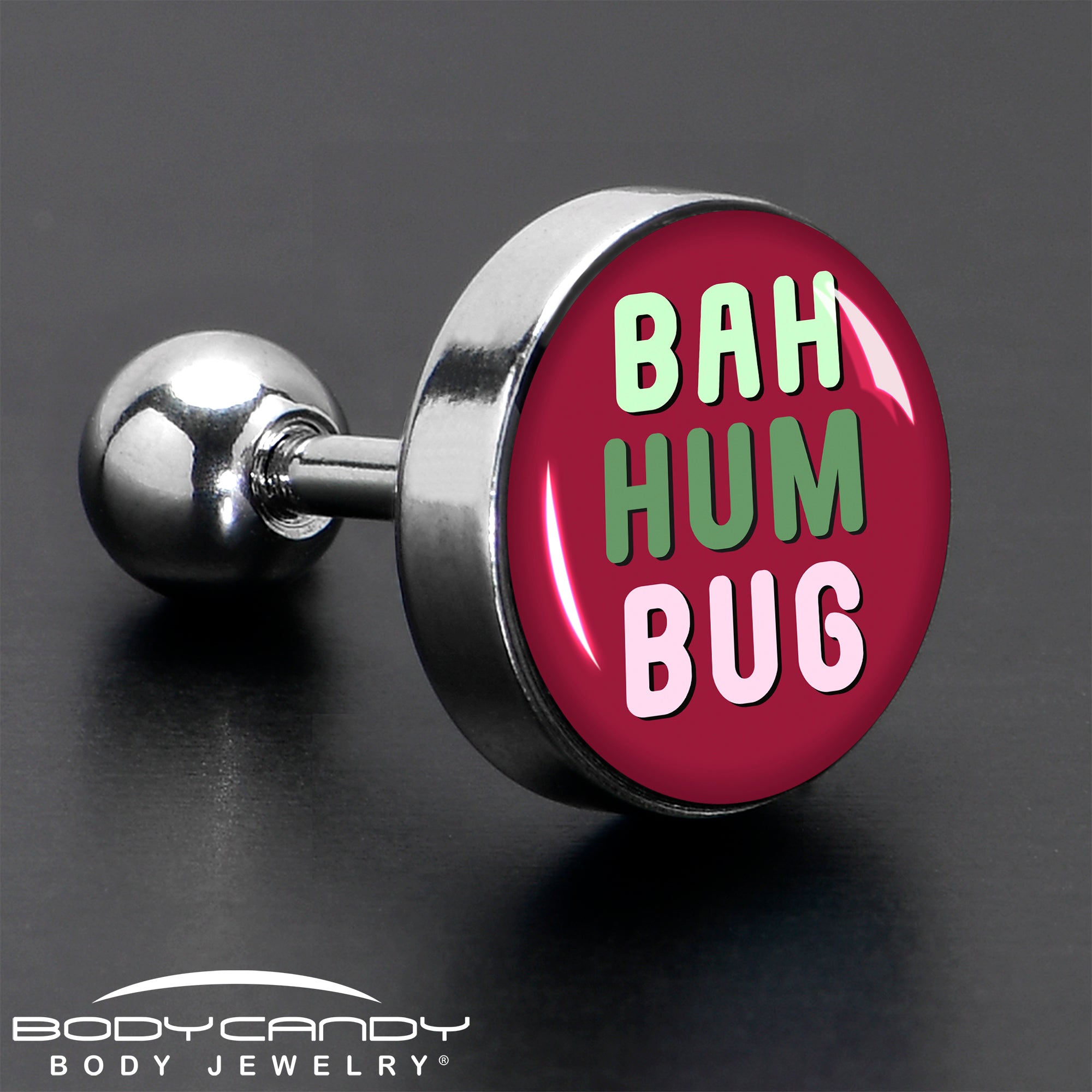 BodyCandy 16G 1/4 Bah Humbug Holiday Grouch Tragus Cartilage Earring by Onyx O — in-use photo