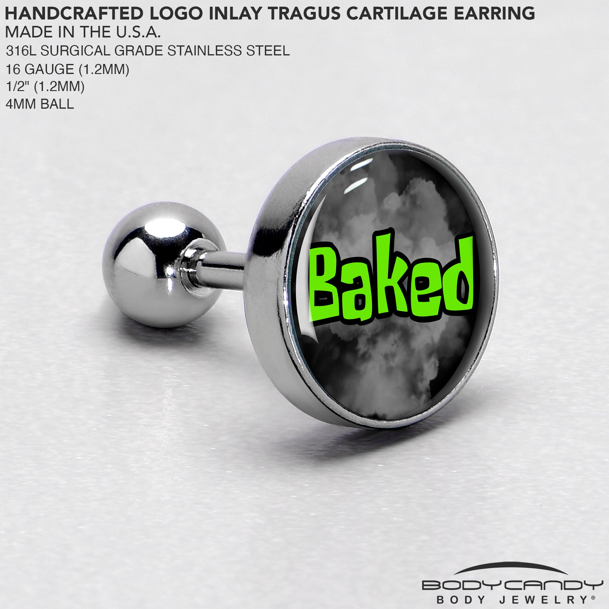 BodyCandy 16G 1/4 Logo Baked Stoner Tragus Cartilage Earring by Onyx O — side view