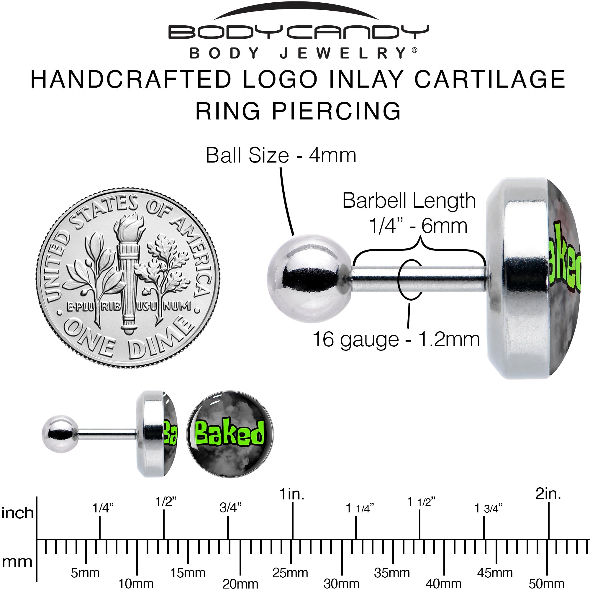BodyCandy 16G 1/4 Logo Baked Stoner Tragus Cartilage Earring by Onyx O — alternative angle