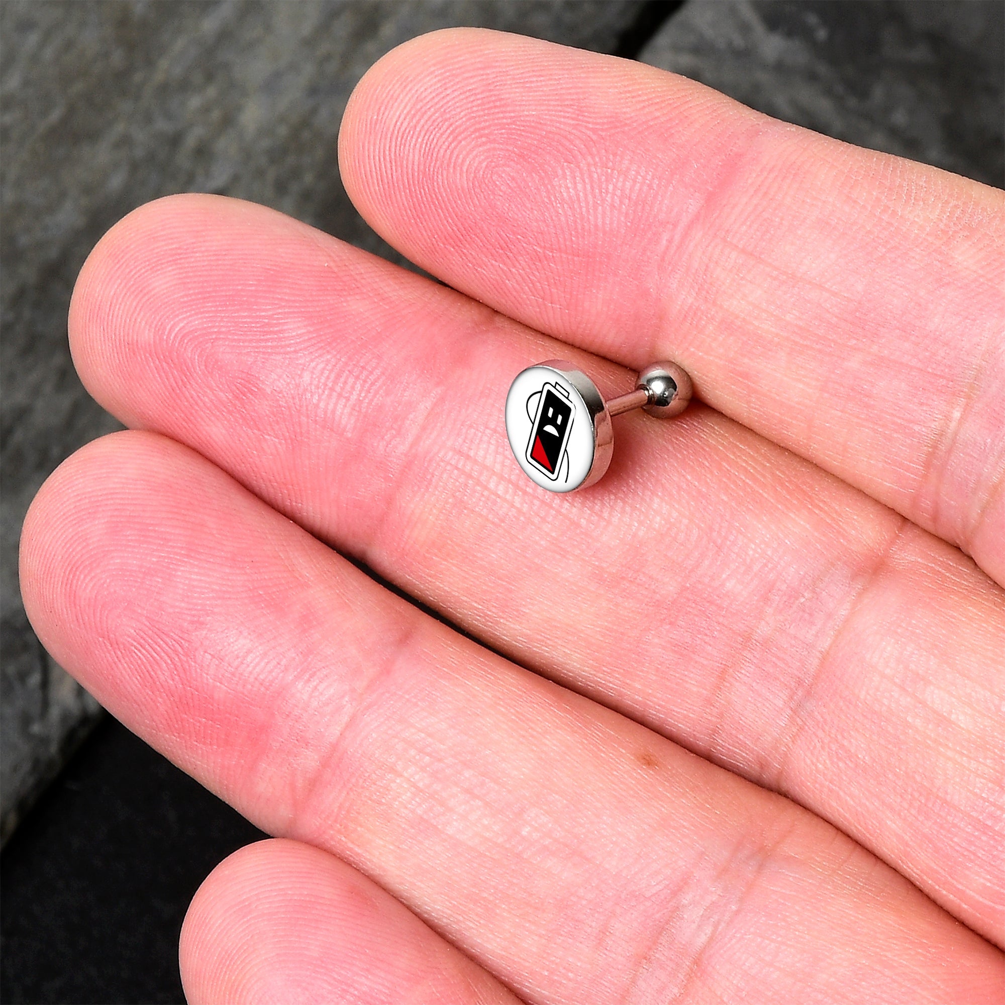 BodyCandy 16G 1/4 Battery Empty Cartilage Tragus Earring by Onyx O — detail close-up