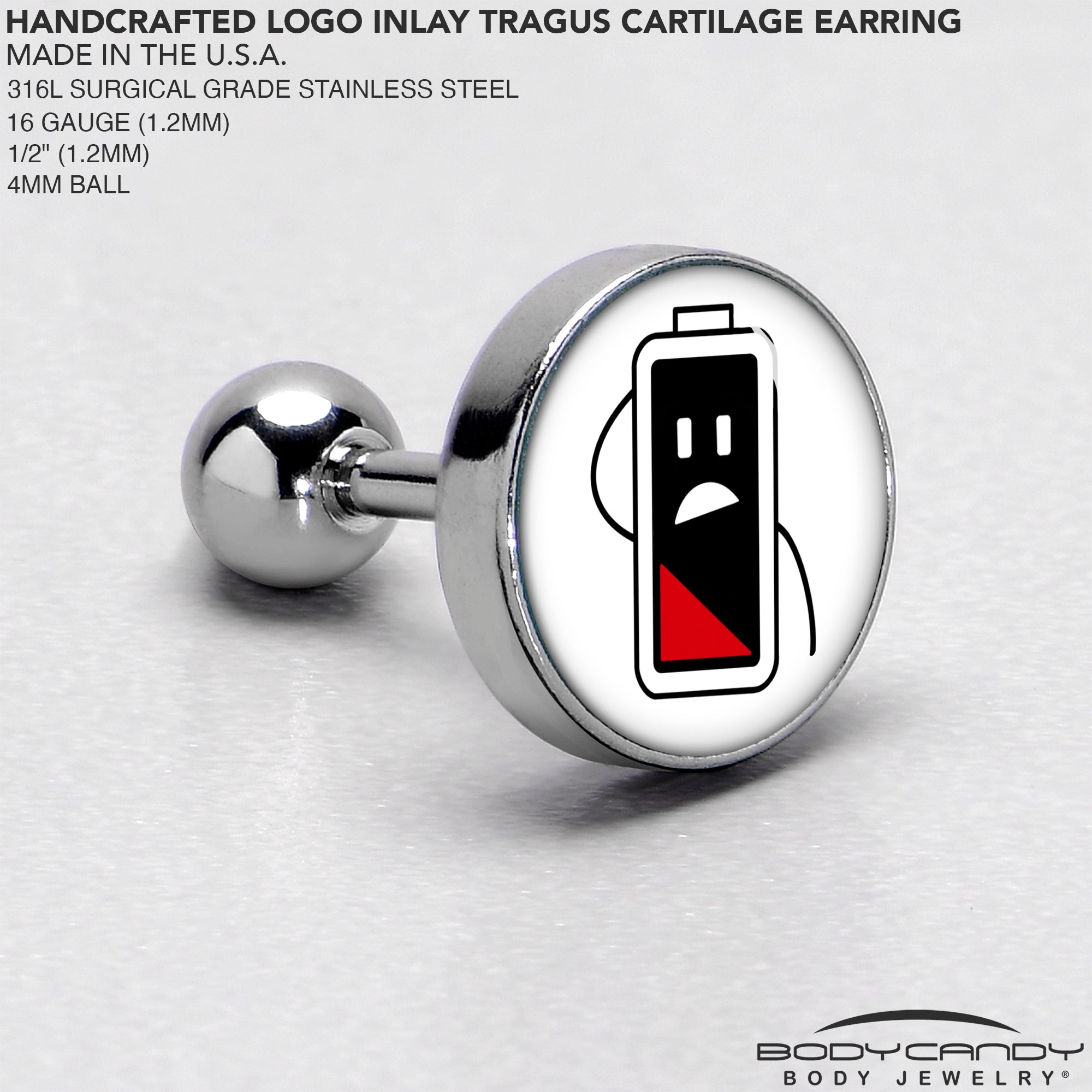 BodyCandy 16G 1/4 Battery Empty Cartilage Tragus Earring by Onyx O — side view