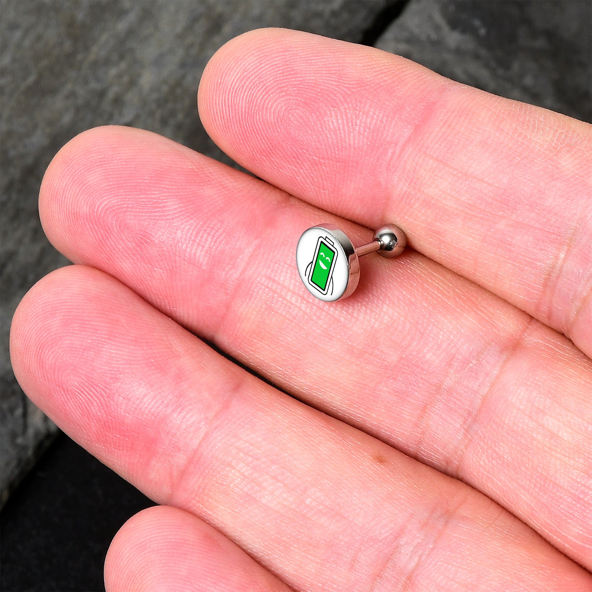 BodyCandy 16G 1/4 Battery Full Cartilage Tragus Earring by Onyx O — detail close-up