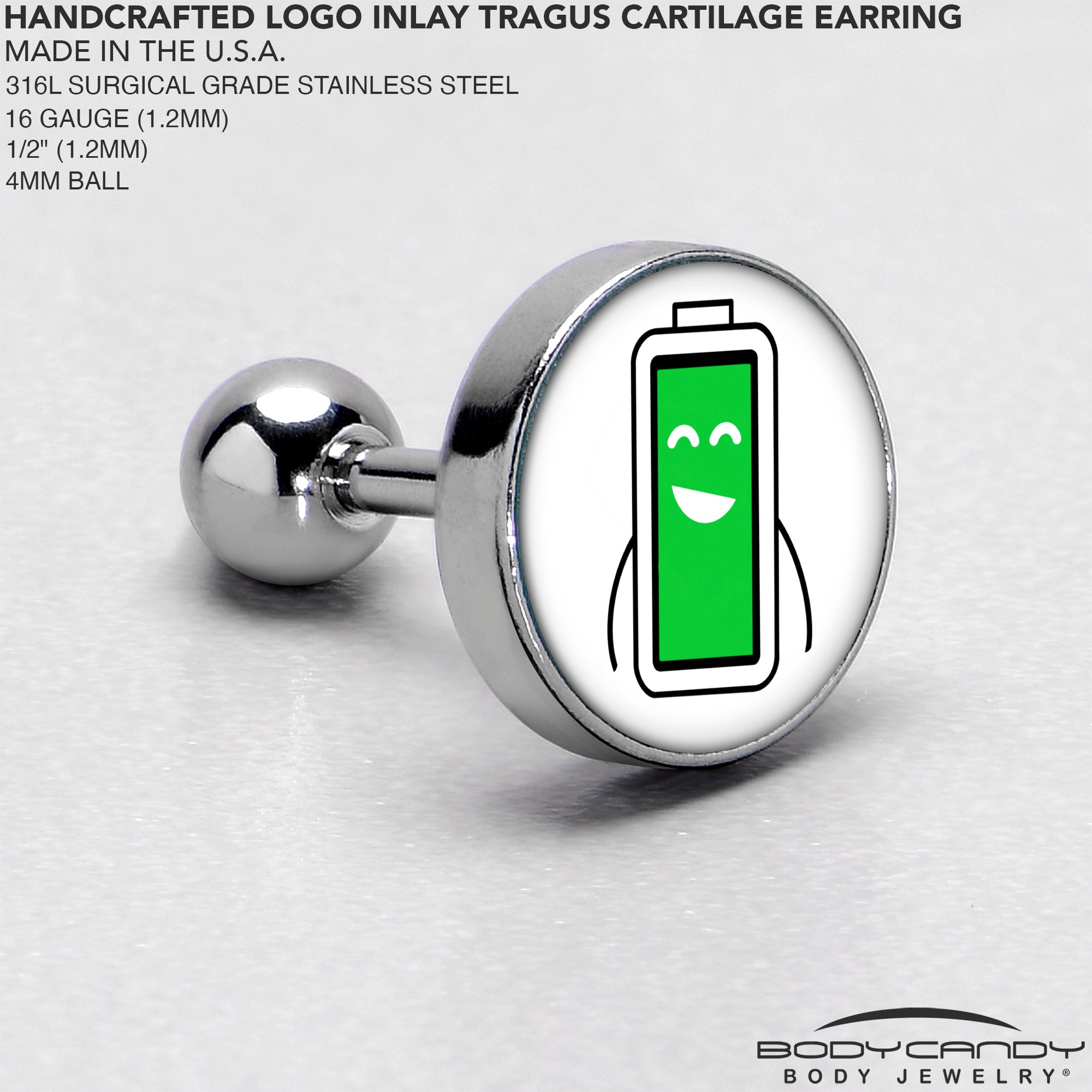 BodyCandy 16G 1/4 Battery Full Cartilage Tragus Earring by Onyx O — side view