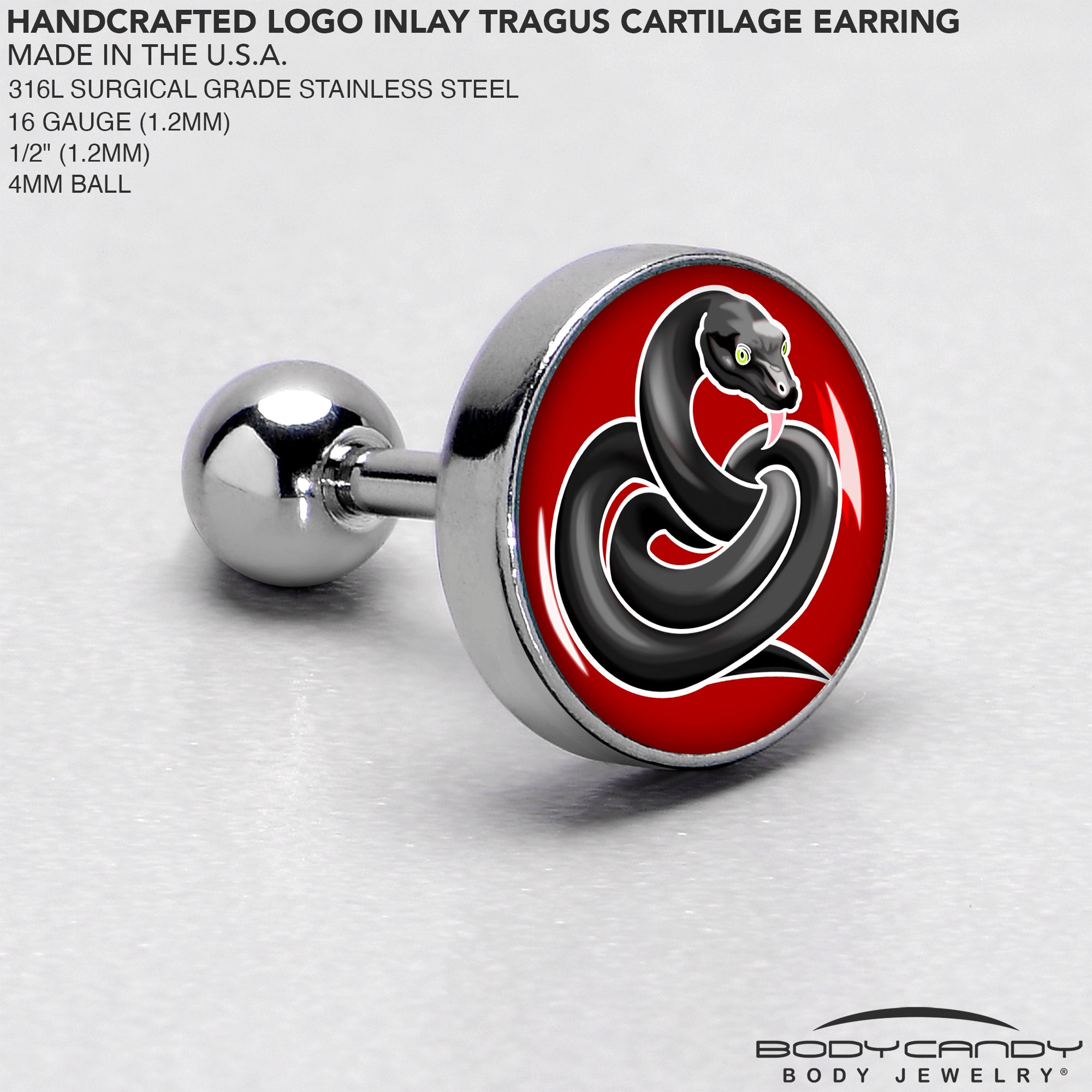 BodyCandy 16G 1/4 Black Snake Cartilage Tragus Earring by Onyx O — side view