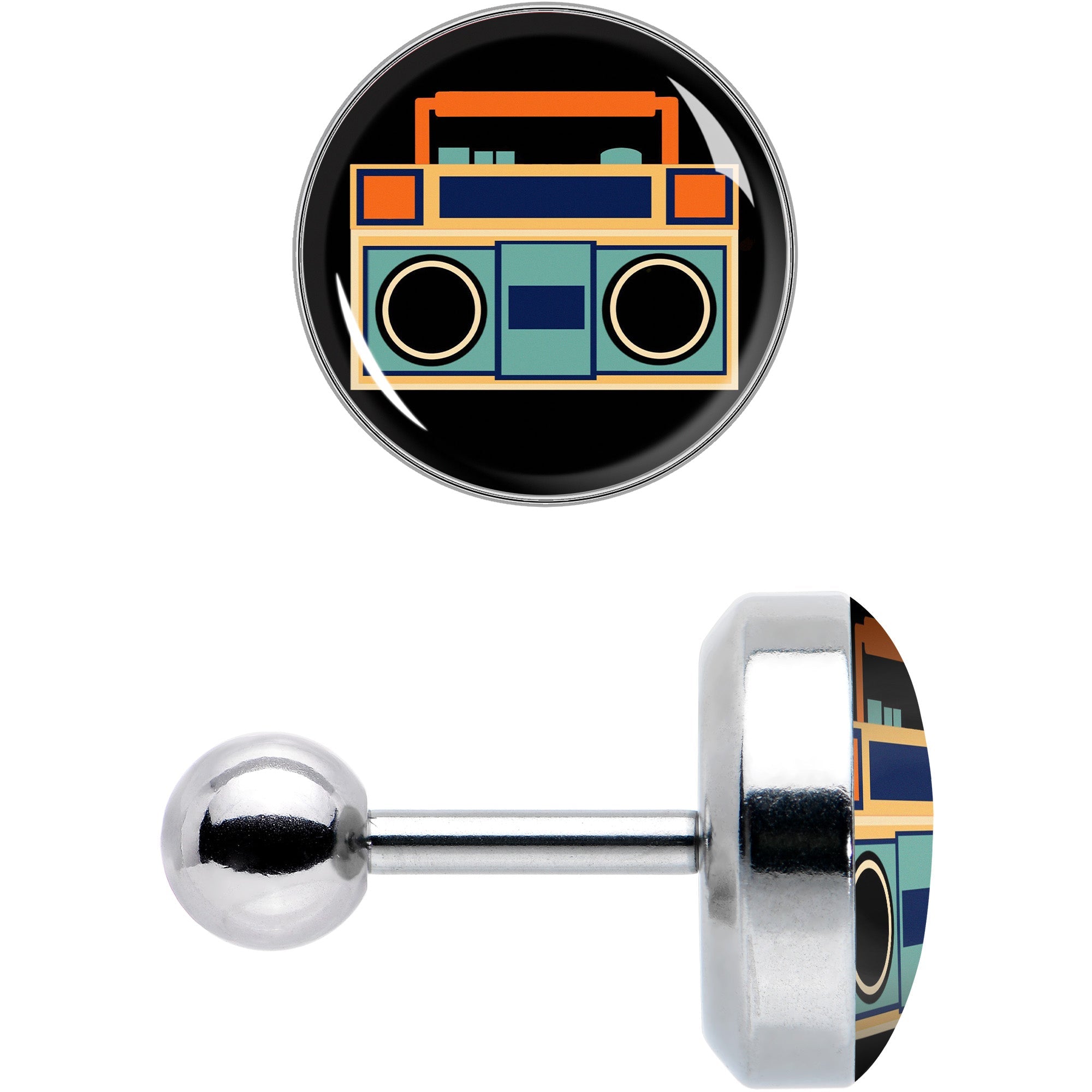 BodyCandy 16G 1/4 Retro Boombox Cartilage Tragus Earring by Onyx O — detail close-up