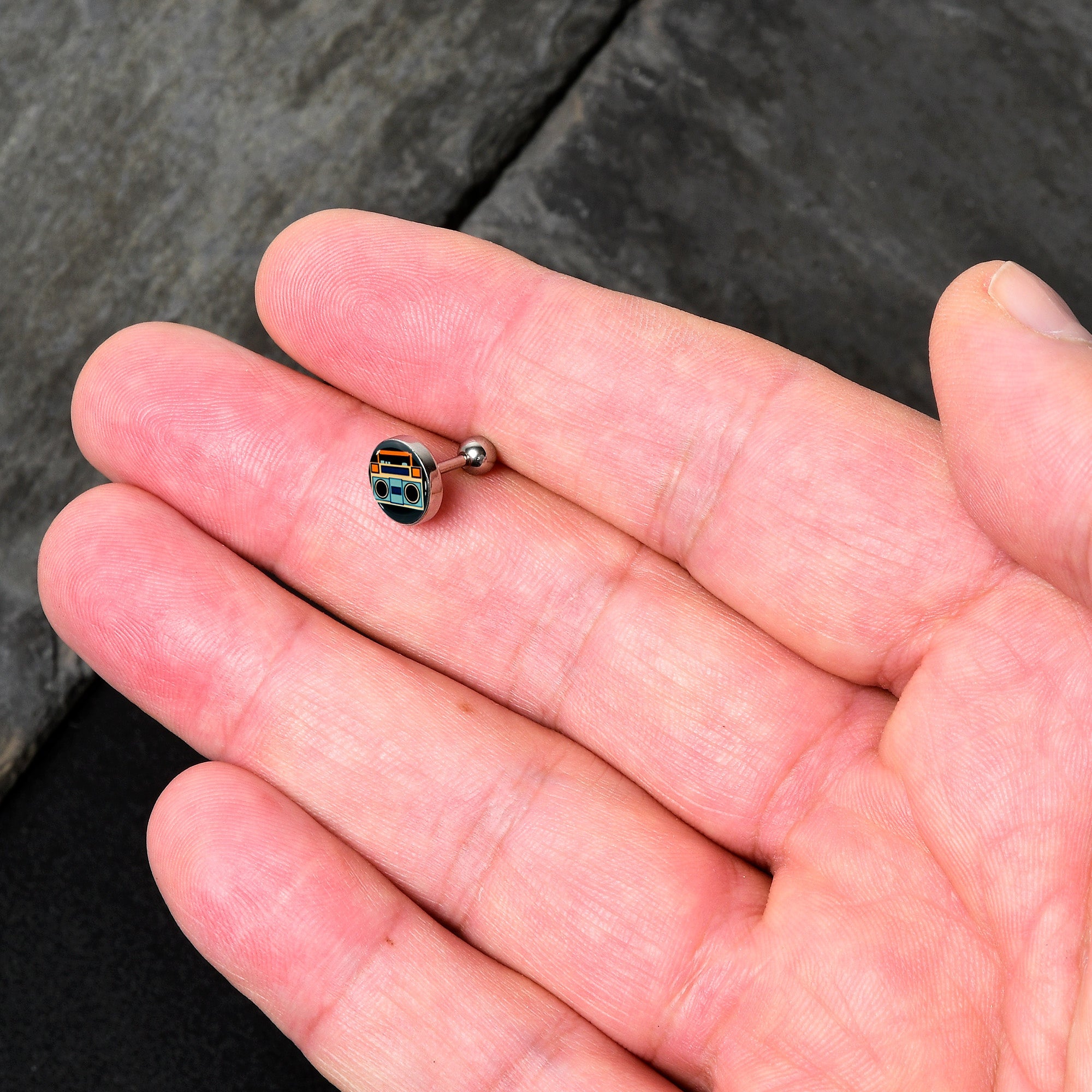 BodyCandy 16G 1/4 Retro Boombox Cartilage Tragus Earring by Onyx O — lifestyle context