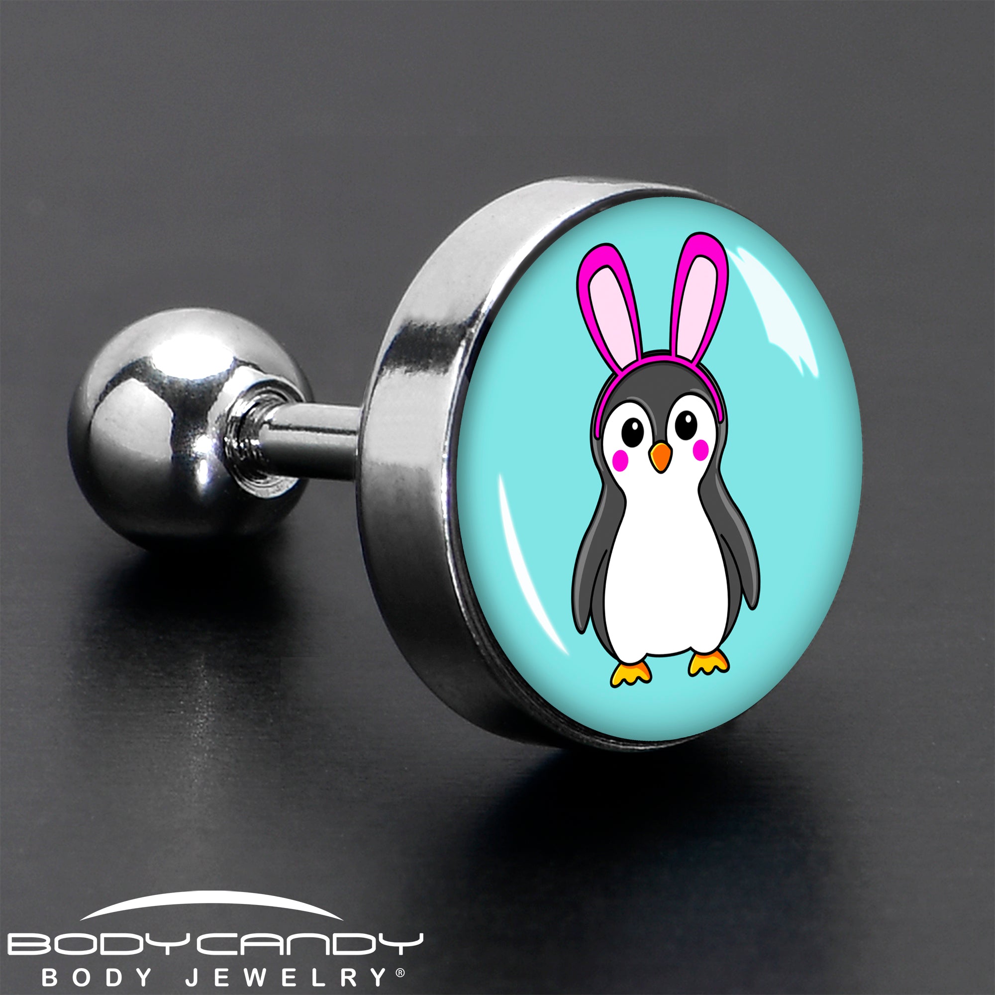 BodyCandy 16G 1/4 Bunny Penguin Cartilage Tragus Earring by Onyx O — in-use photo
