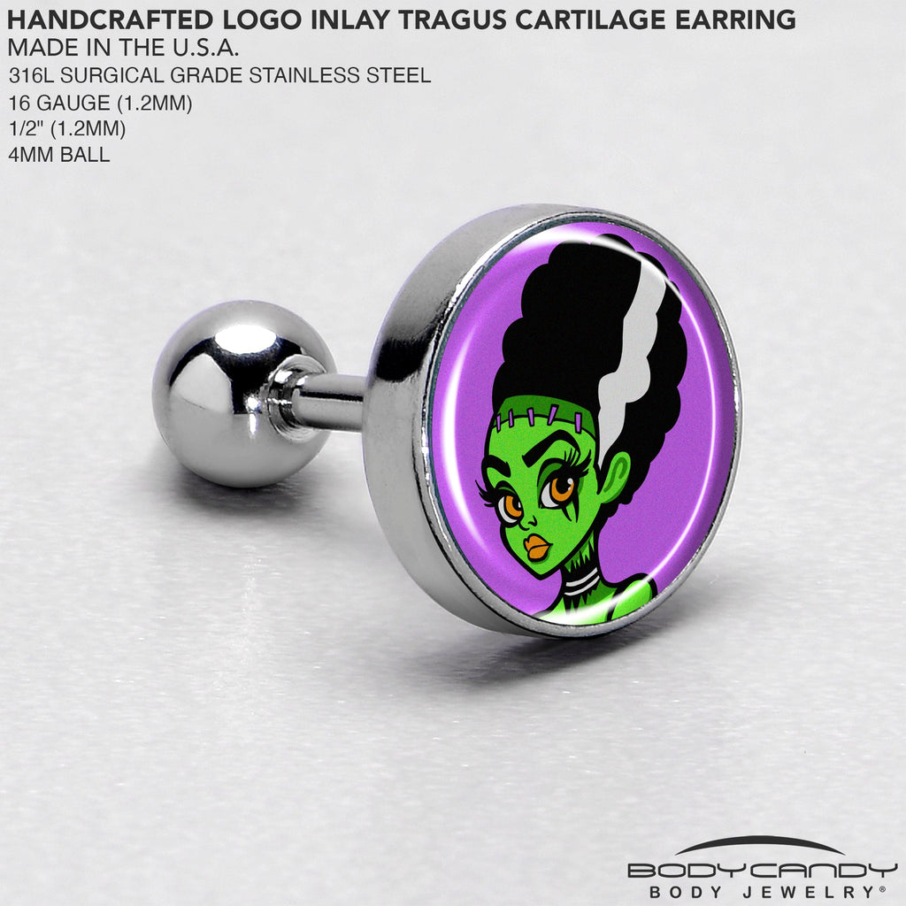 BodyCandy 16G 1/4 Bride of Frankenstein Tragus Cartilage Earring by Onyx O — side view