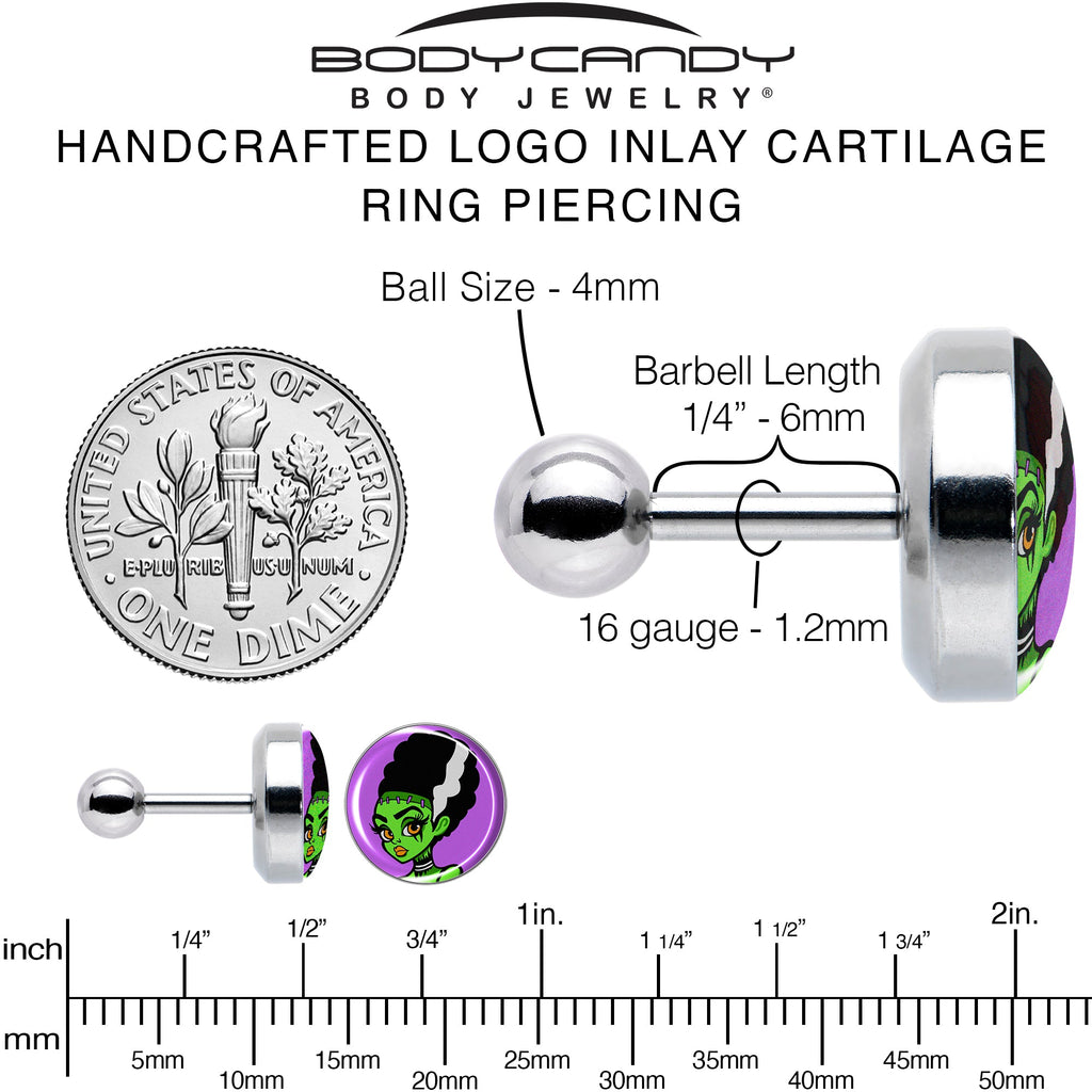 BodyCandy 16G 1/4 Bride of Frankenstein Tragus Cartilage Earring by Onyx O — alternative angle