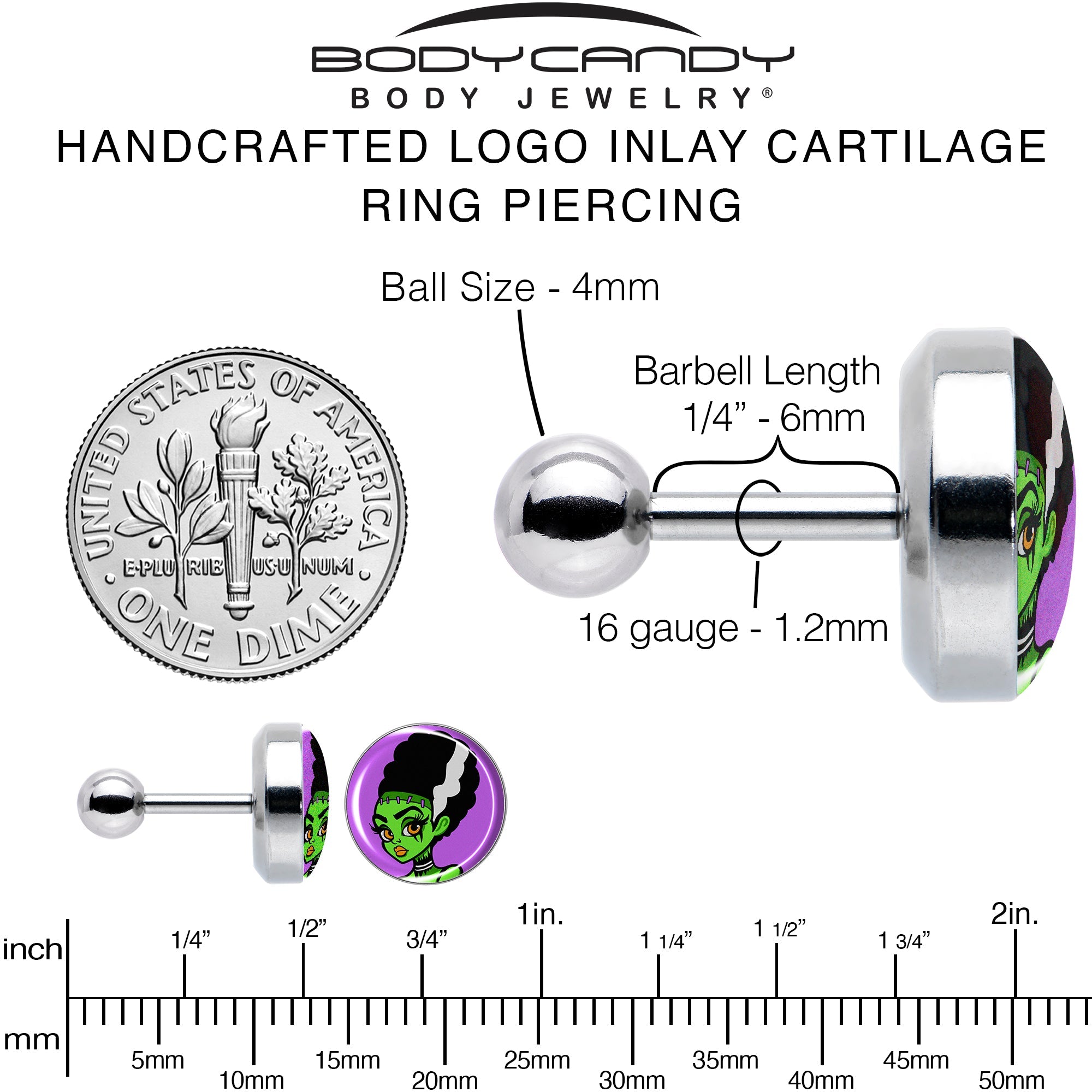 BodyCandy 16G 1/4 Bride of Frankenstein Tragus Cartilage Earring by Onyx O — alternative angle